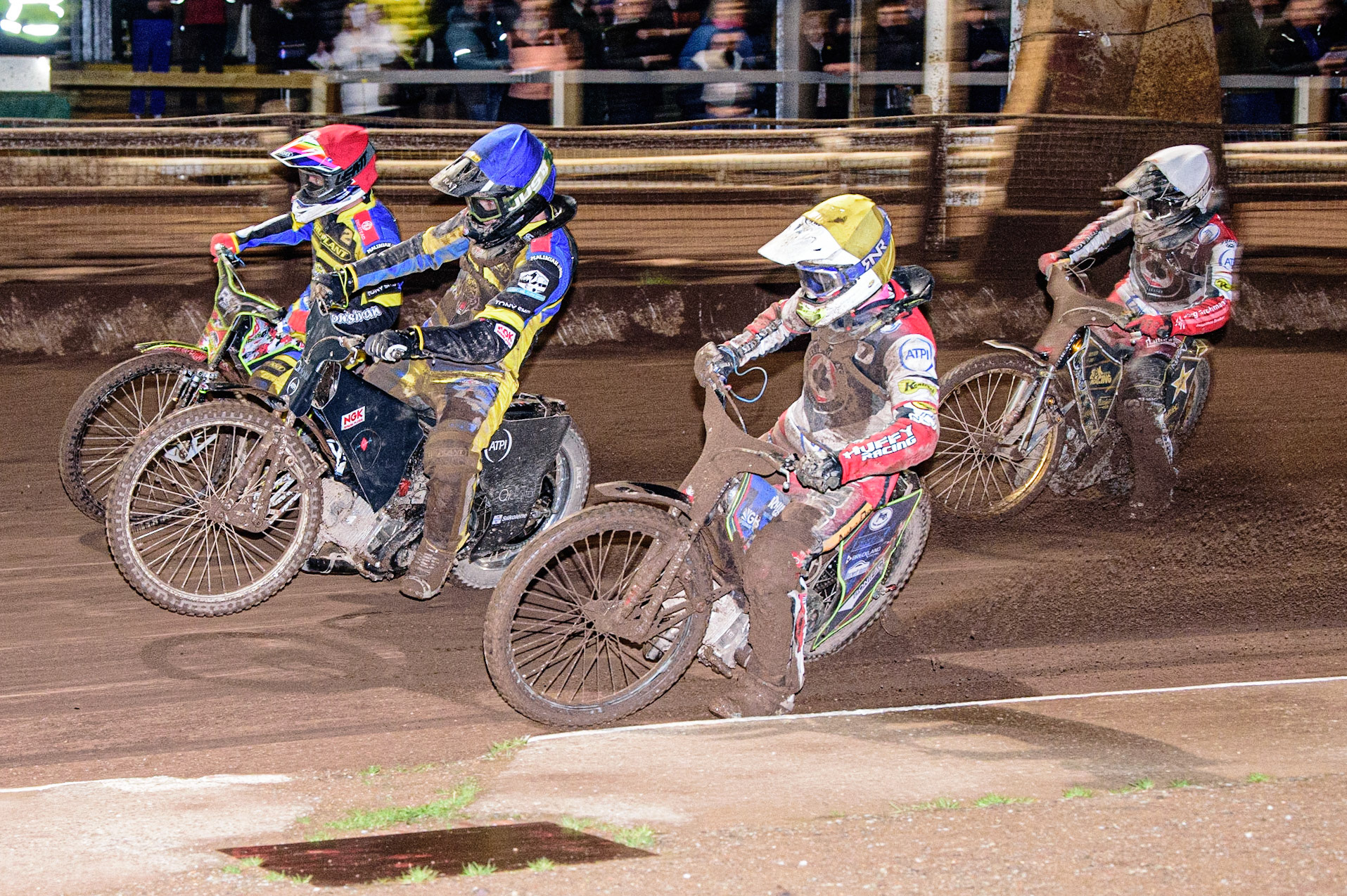Jake Mulford (Yellow) inside Dan Gilkes  (Blue) and David Bellego  (Red) with Norick Blodorn  (White) behind during the Sheffield Tigers vs Belle Vue Aces meeting in the SGP Premiership at Owlerton Stadium, Sheffield on Thursday 23rd March 2023. (Photo: Ian Charles | MI News)
