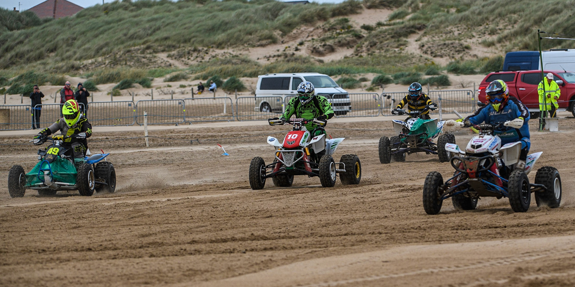 Davey Nixon (99) leads Liam Whetton (49) Duncan Elliot (10) and Daniel Bradley (40) during the Fylde ACU British Sand Racing Masters Championship at  St Annes on Sea, Lancashire on Sunday 30th July 2023. (Photo: Ian Charles | MI News)
