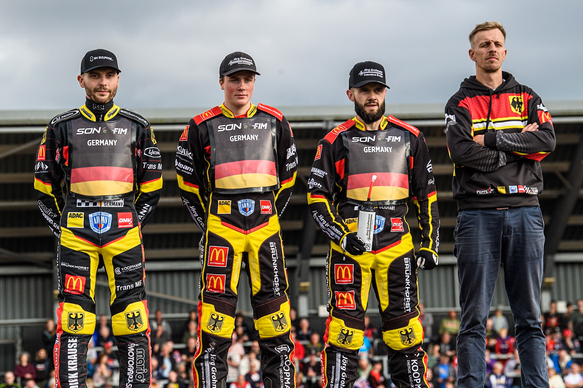 GERMANY (L to R) Kai Huckenbeck, Norick Blödorn, Erik Riss and German Team manager, Mathias Bartz  during the Monster Energy FIM Speedway of Nation Final at the National Speedway Stadium, Manchester on Saturday 13th July 2024. (Photo: Ian Charles | MI News)
