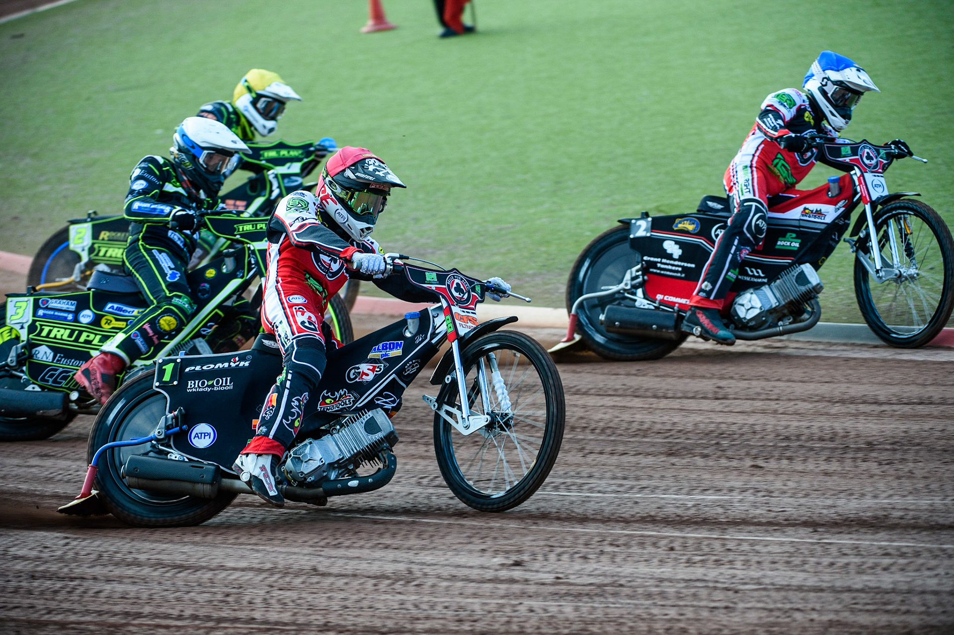 MANCHESTER UKDan Bewley  (Red) and Richie Worrall   (Blue) lead Craig Cook   (White) and Anders Rowe  (Yellow) during the SGB Premiership match between Belle Vue Aces and Ipswich Witches at the National Speedway Stadium, Manchester on Monday 2nd August 2021. (Credit: Ian Charles | MI News)