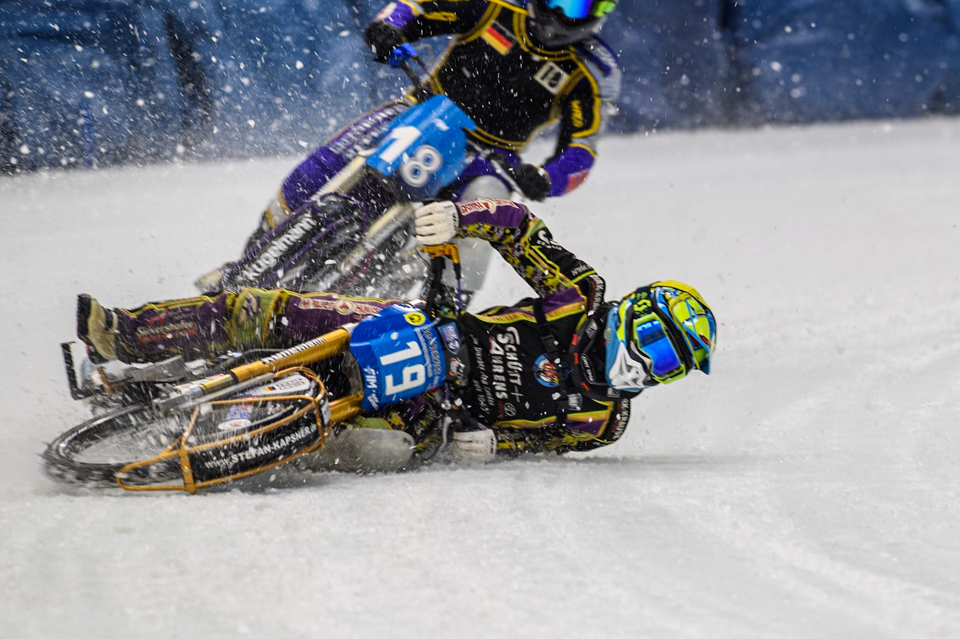 German Reserve Maximillian Neidermaier (19) gets into difficulty in front of Germany's Christoph Kirchner (18) during the FIM Ice Speedway Gladiators World Championship Final 2 at the Max-Aicher-Arena, Inzell on Sunday 24 March 2024. (Photo: Ian Charles | MI News)