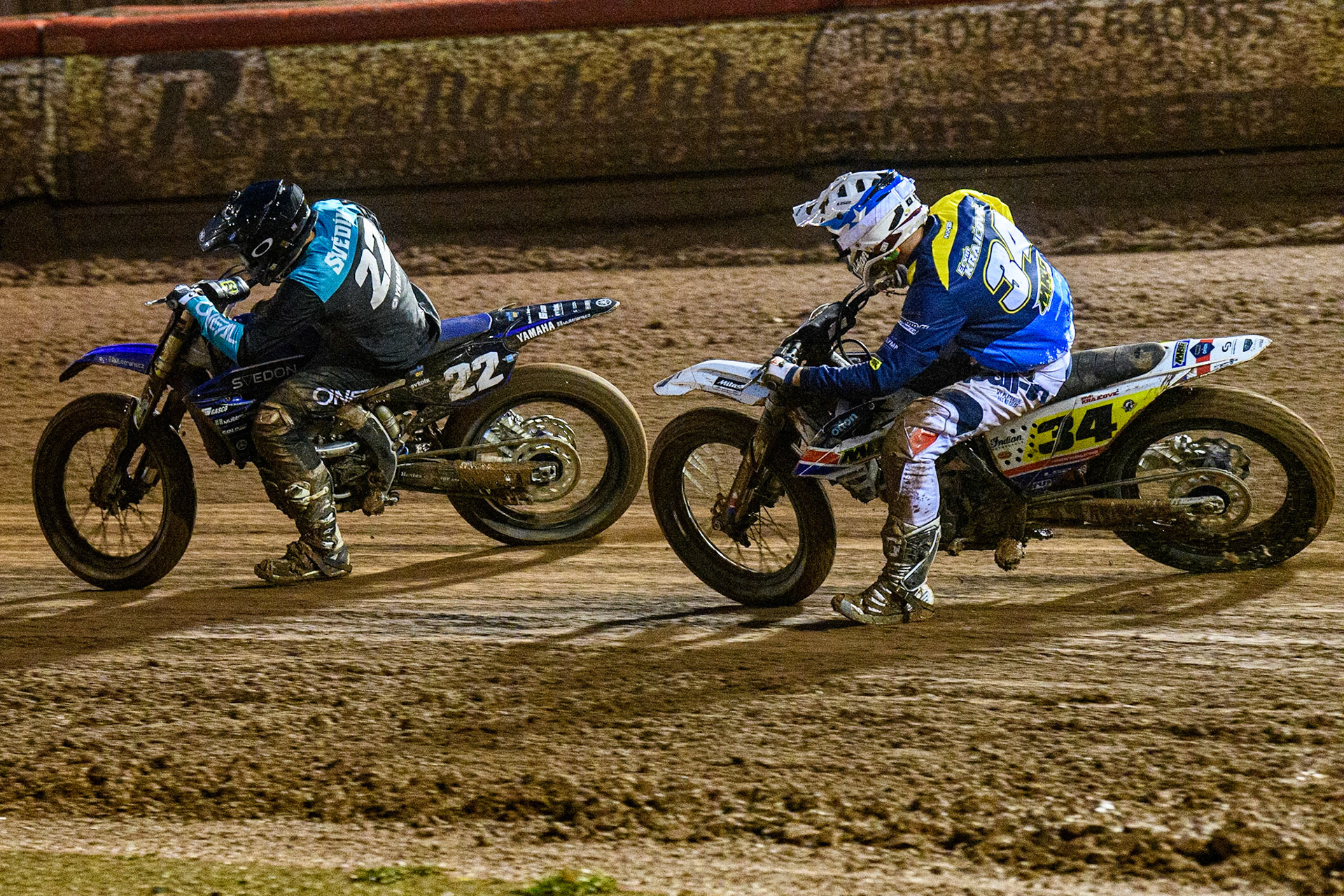 Ervin Krajčovič (34) from Czech Rep. chases Ondřej Svědík (22) from Czech Rep. during the FIM World Flat Track Championship Round 1 at the National Speedway Stadium, Manchester on Saturday 5th August 2023. (Photo: Ian Charles | MI News)