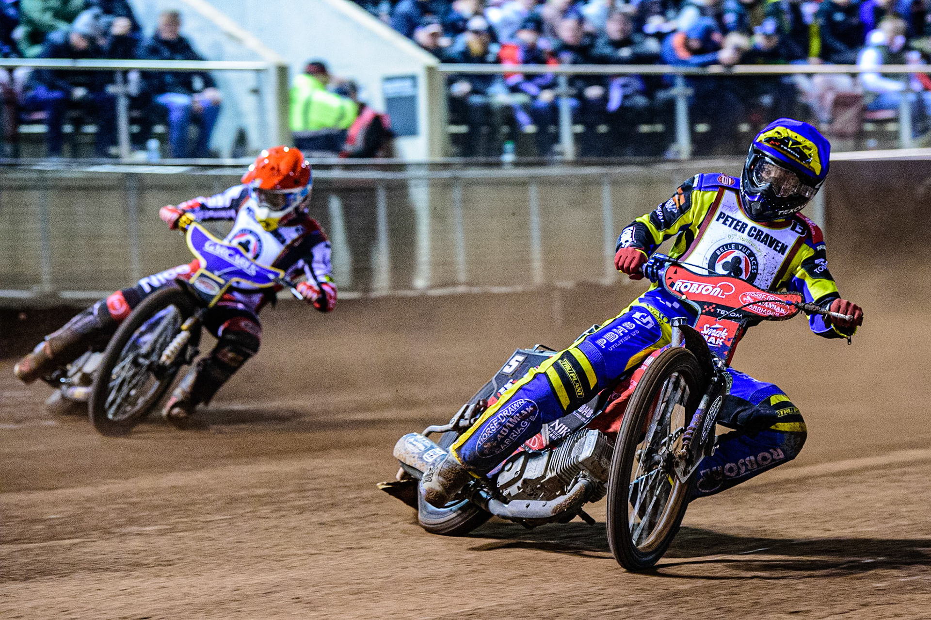 Tobiasz Musielak (Blue) leads Robert Lambert  (Red)  during the Peter Craven Memorial Trophy  at the National Speedway Stadium, Manchester on Monday 3rd April 2023. (Photo: Ian Charles | MI News)