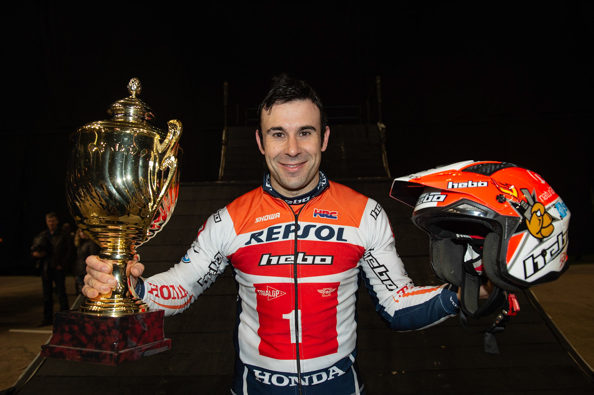 SHEFFIELD, ENGLAND  - DECEMBER 28TH  Trial winner Tony Bou with his trophy  during the 25th Anniversary Sheffield Indoor Trial at the FlyDSA Arena, Sheffield on Saturday 28th December 2019. (Credit: Ian Charles | MI News)