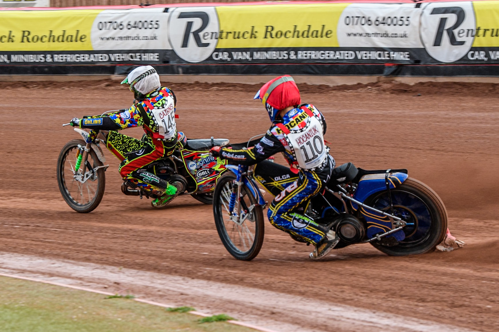 William Hocaniuk  (500cc) in Red chases William Cairns (500cc)  in White during the British Youth 500cc Championships at the National Speedway Stadium, Manchester on Friday 2nd August 2024. (Photo: Ian Charles | MI News)