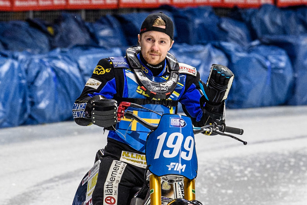 Sweden's Martin Haarahiltunen (199)  during the FIM Ice Speedway Gladiators World Championship Final 1 at the Max-Aicher-Arena, Inzell on Saturday 23 March 2024. (Photo: Ian Charles | MI News)