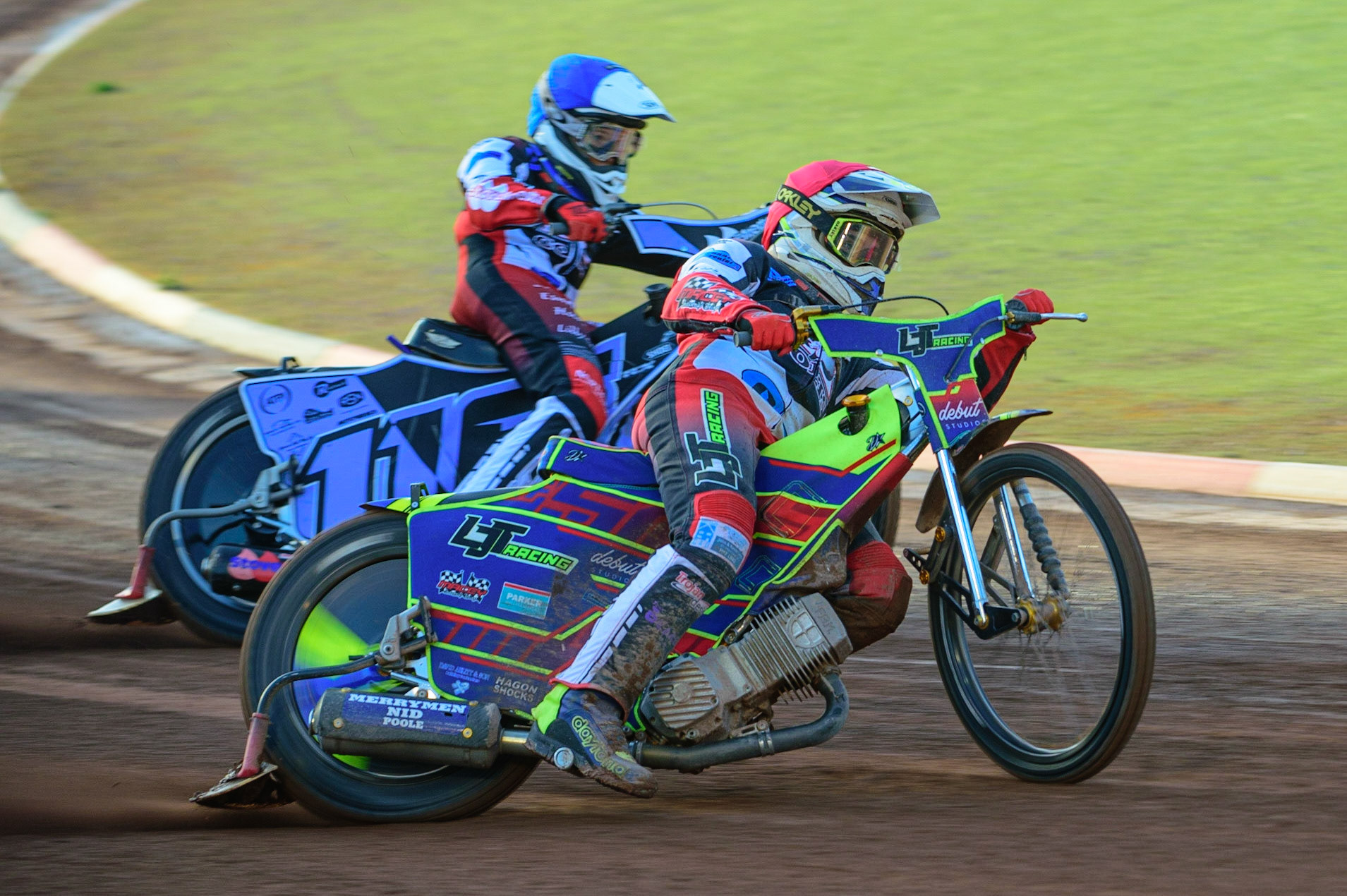MANCHESTER, UK. MAY 27TH Nathan Ablitt  (Red) outside’ Sam McGurk  (Blue) during the National Development League match between Belle Vue Colts and Armadale Devils at the National Speedway Stadium, Manchester on Friday 27th May 2022. (Credit: Ian Charles | MI News)