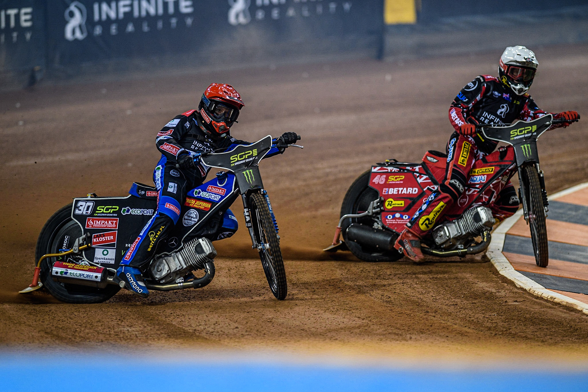 Leon Madsen (30) (Red) outside Max Fricke (46) (White) during the FIM Speedway Grand Prix of Great Britain at the Principality Stadium, Cardiff on Saturday 2nd September 2023. (Photo: Ian Charles | MI News)