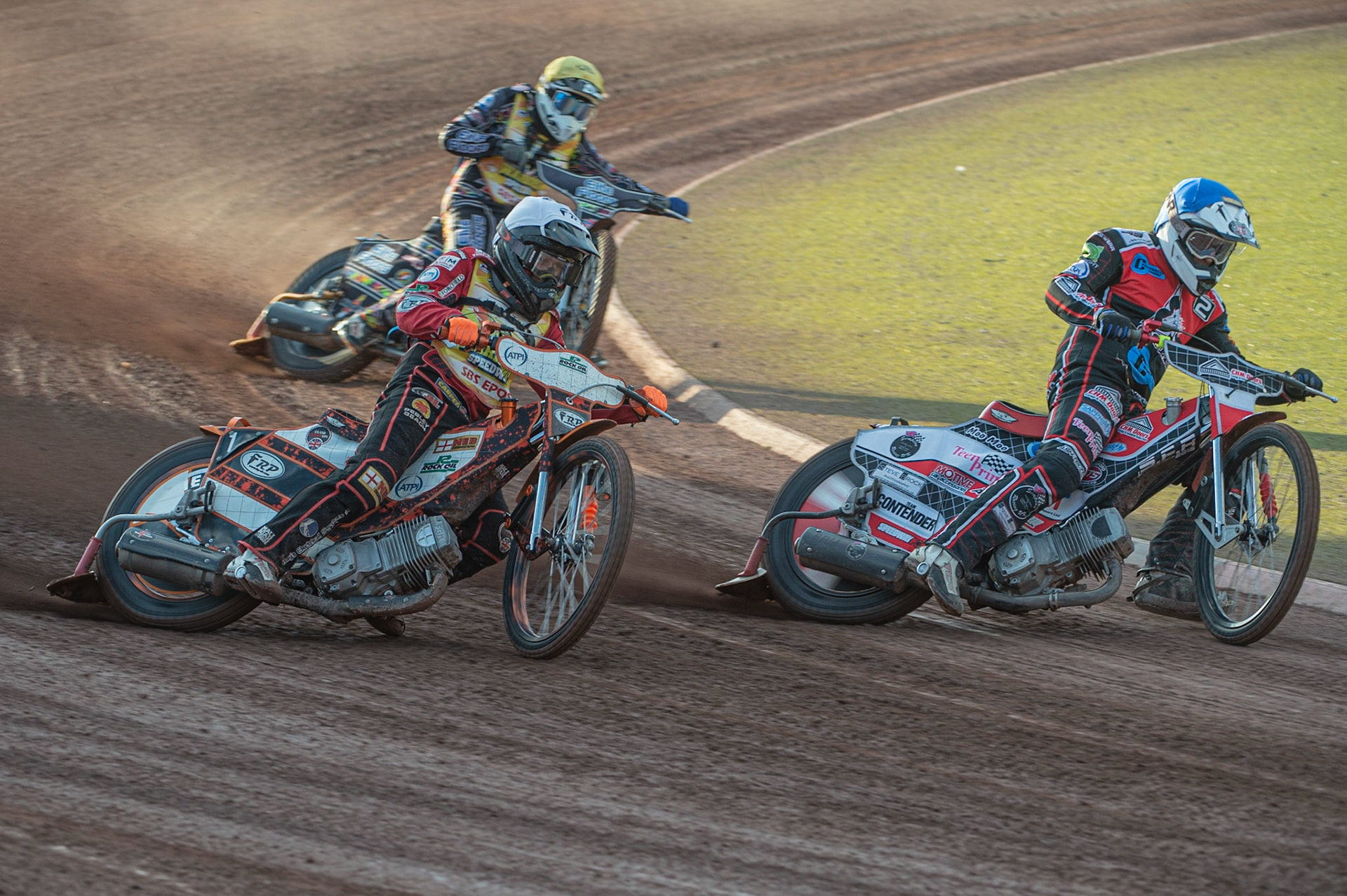 Photo: Ian Charles

Danny Phillips (Blue) leads Jack Smith  (White) and Chad Wirtzfield  (Yellow)

Belle Vue Colts v Isle Of Wight Warriors, SGB National League KO Cup Quarter Final 1st Leg, Belle Vue National Speedway Stadium, Manchester, Monday 22  July  2019