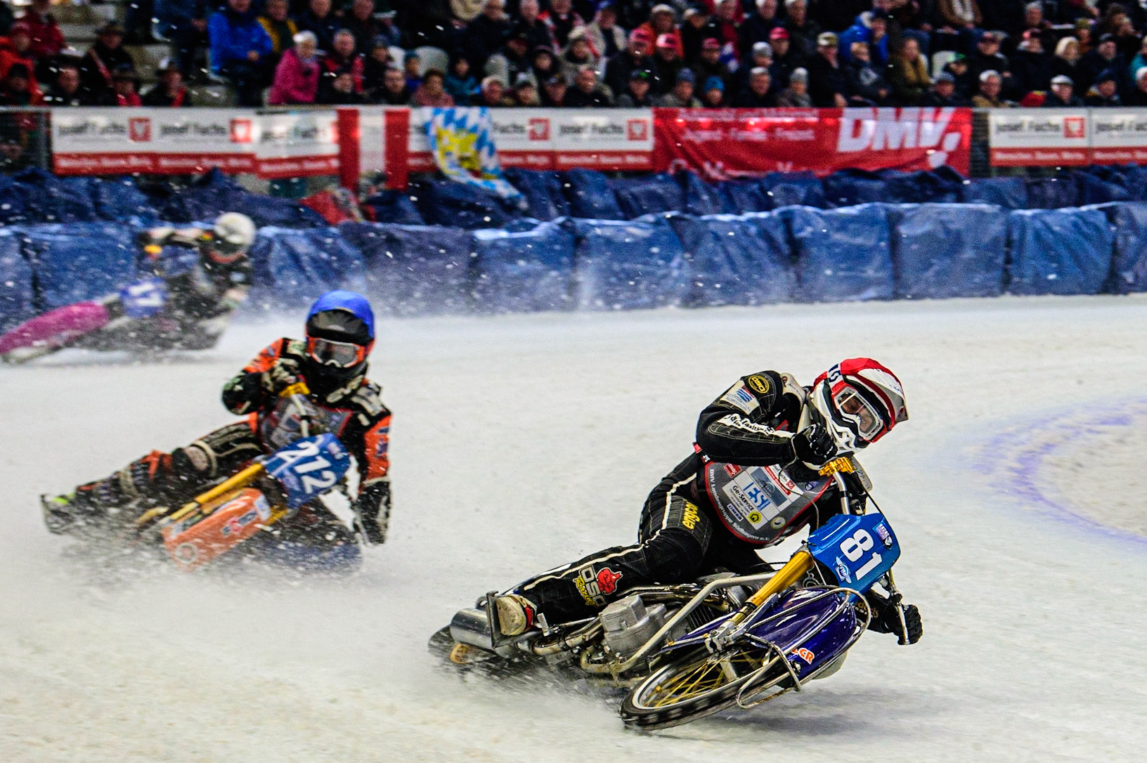 Jimmy Olsen (81) (Red) leads Lukas Hutla (212) (Blue) and Benedikt Monn (17) (White) during the Ice Speedway Gladiators World Championship Final 2 at Max-Aicher-Arena, Inzell, Germany on Sunday 19th March 2023. (Photo: Ian Charles | MI News)