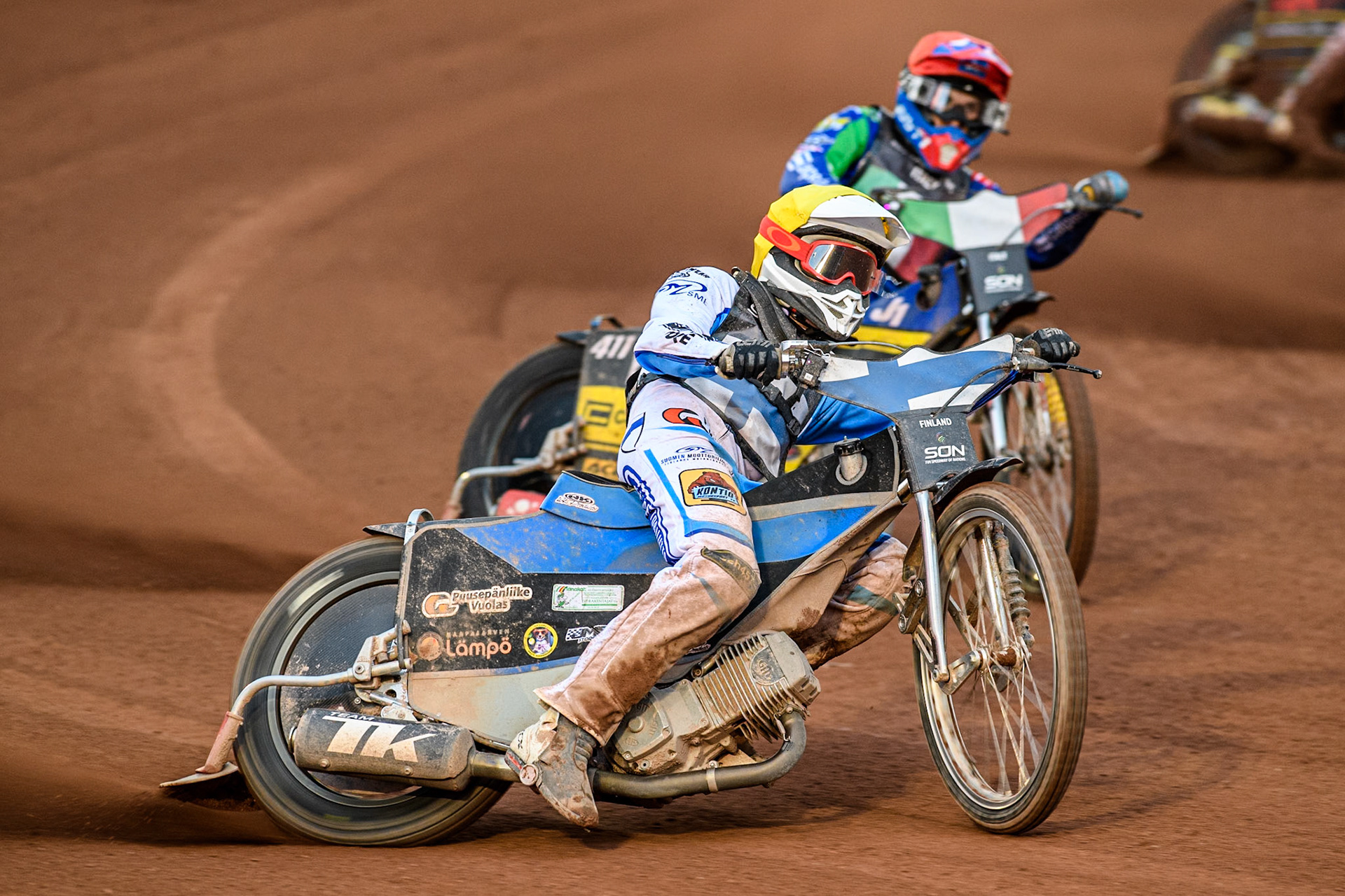 Antti Vuolas of Finland in Yellow leading Paco Castagna of Italy in Red during the Monster Energy FIM Speedway of Nations Semi-Final 1 at the National Speedway Stadium, Manchester on Tuesday 9th July 2024. (Photo: Ian Charles | MI News)