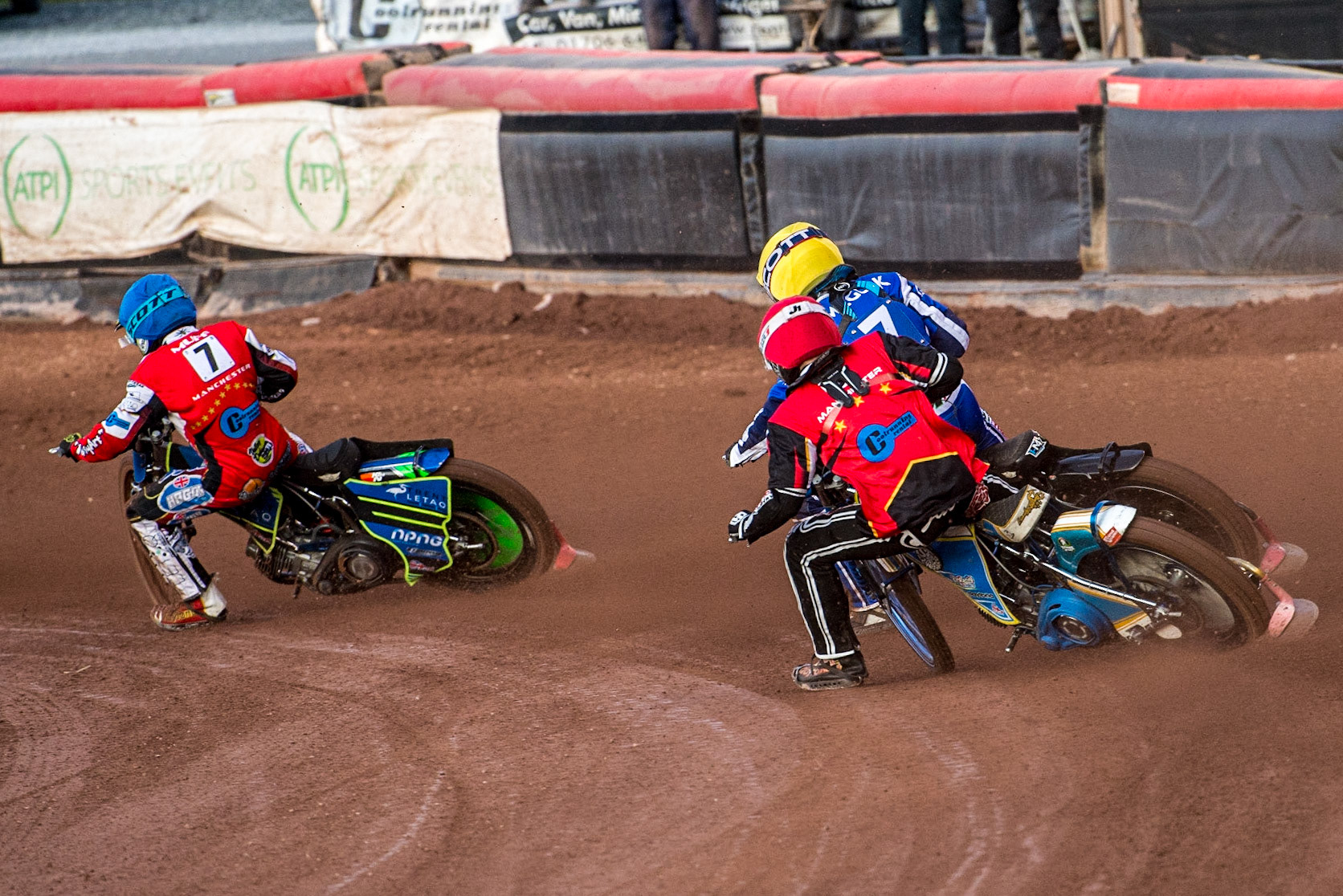 Jack Shimelt (Red) chases Harry McGurk (Yellow) and Luke Muff (Blue) during the National Development League match between Belle Vue Colts and Workington Comets at the National Speedway Stadium, Manchester on Friday 25th August 2023. (Photo: Ian Charles | MI News)