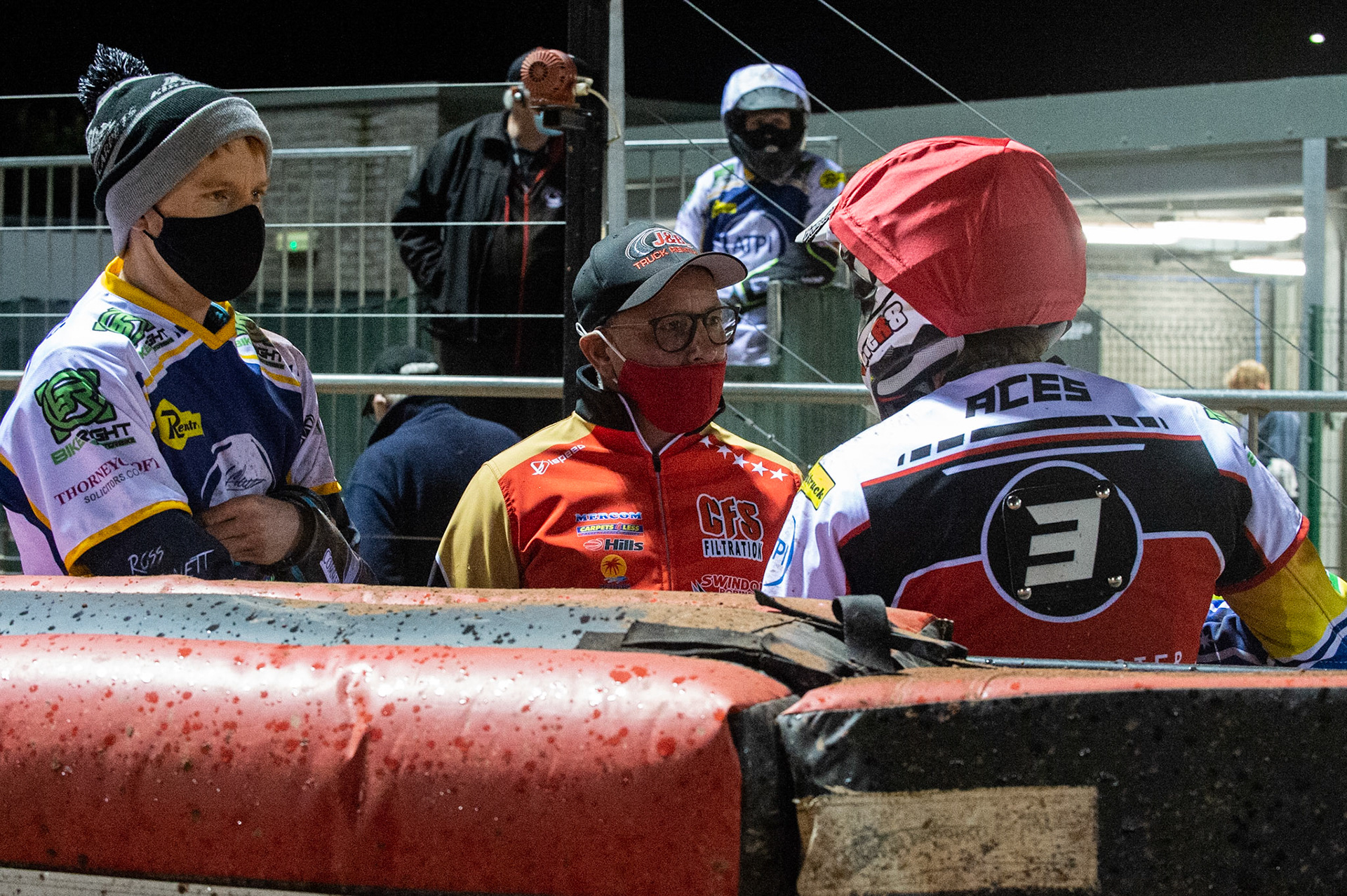 Photo: Ian CharlesJason Crump (right) talks to Alun Rossiter (centre) and Josh MacDonaldBelle Vue ‘Bikerite ’Aces v ‘ATPI’ All Stars, Premiership Challenge, National Speedway Stadium, Manchester Thursday  24  September  2020