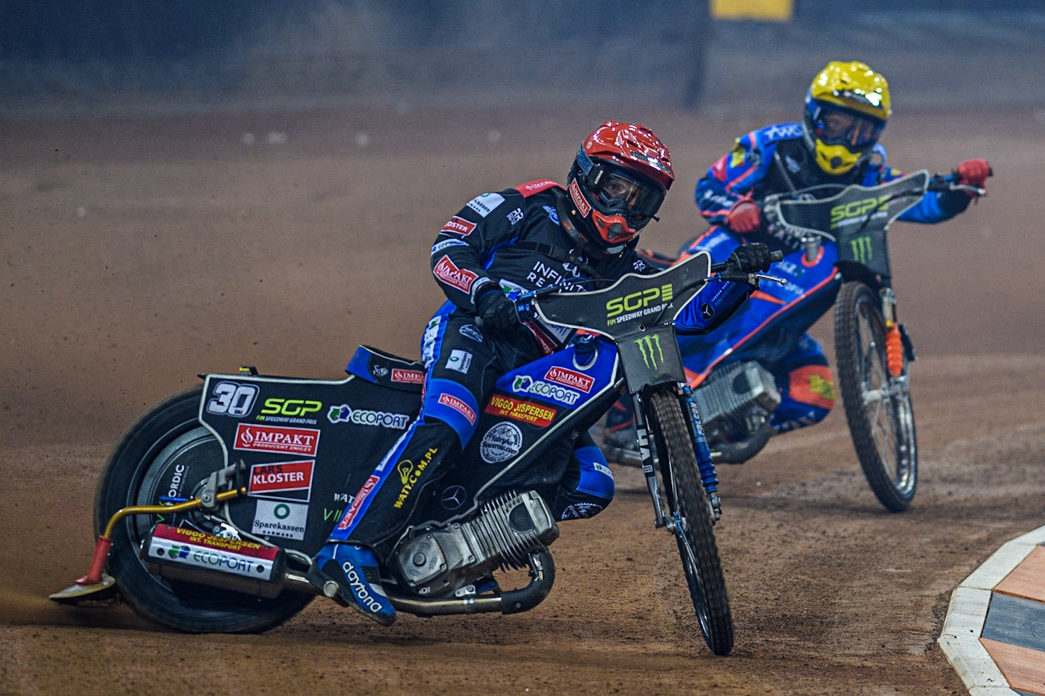 Leon Madsen (30) (Red)m leads Andzejs Lebedevs (29) (Yellow) during the FIM Speedway Grand Prix of Great Britain at the Principality Stadium, Cardiff on Saturday 2nd September 2023. (Photo: Ian Charles | MI News)