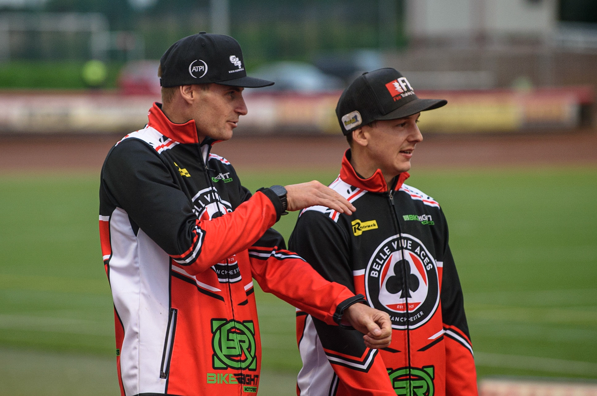 MANCHESTER, UK. SEPT 13TH  Steve Worrall  (left) and Jye Etheridge  discuss tactics on the track walk during the SGB Premiership match between Belle Vue Aces and King's Lynn Stars at the National Speedway Stadium, Manchester on Monday 13th September 2021. (Credit: Ian Charles | MI News)