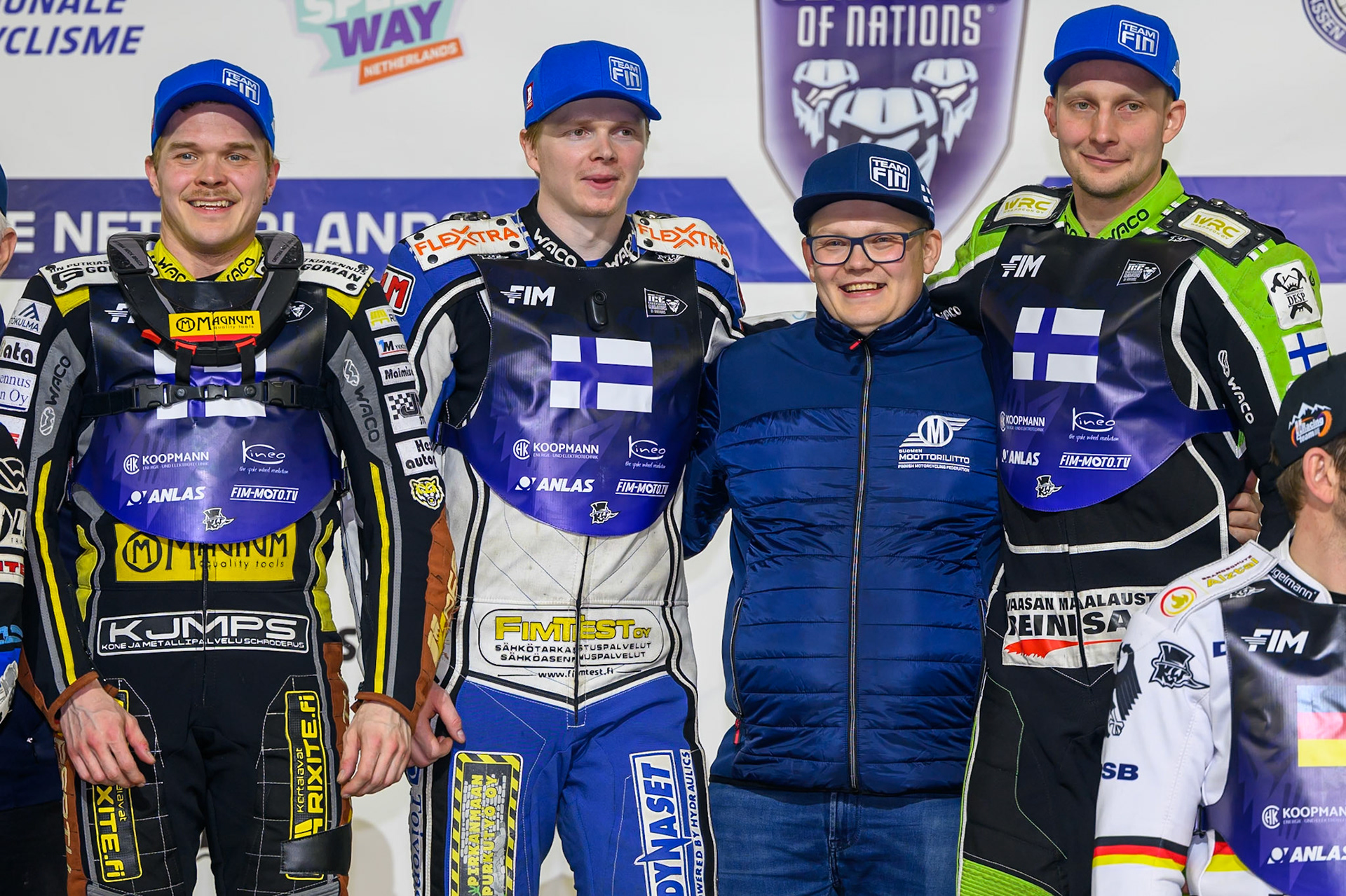 Finland Gold: (L to R) Heikki Huusko, Max Koivula, Aki-Pekka Mustonen, Team Manager and Arttu Lehitinen during the FIM Ice Speedway Of Nations at Ice Rink Thialf, Heerenveen on Sunday 12th April 2026. (Photo: Ian Charles | MI News)