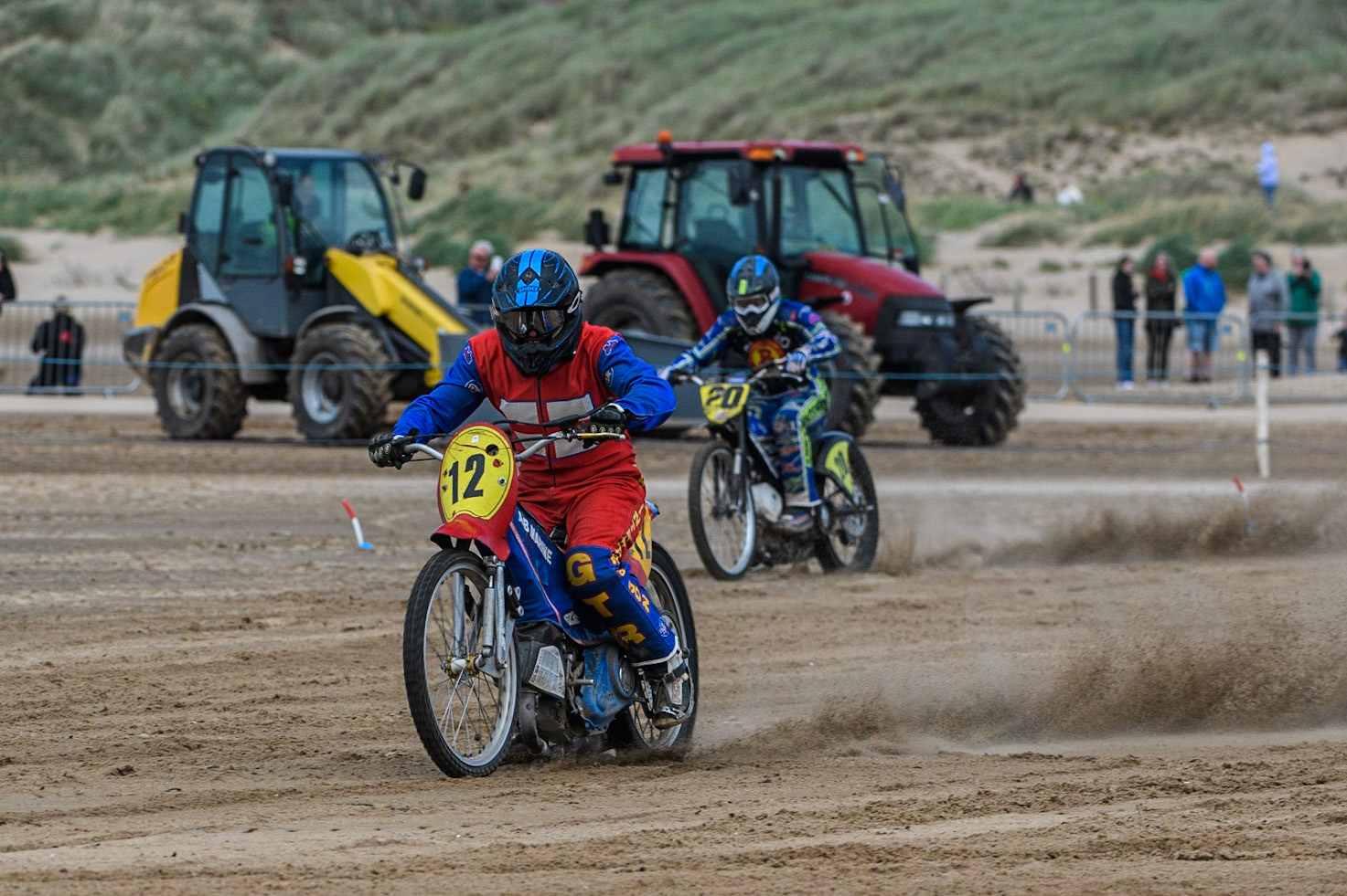 Daniel Winterton (12) leads Arran Butcher (20) away from the start during the Fylde ACU British Sand Racing Masters Championship at  St Annes on Sea, Lancashire on Sunday 30th July 2023. (Photo: Ian Charles | MI News)