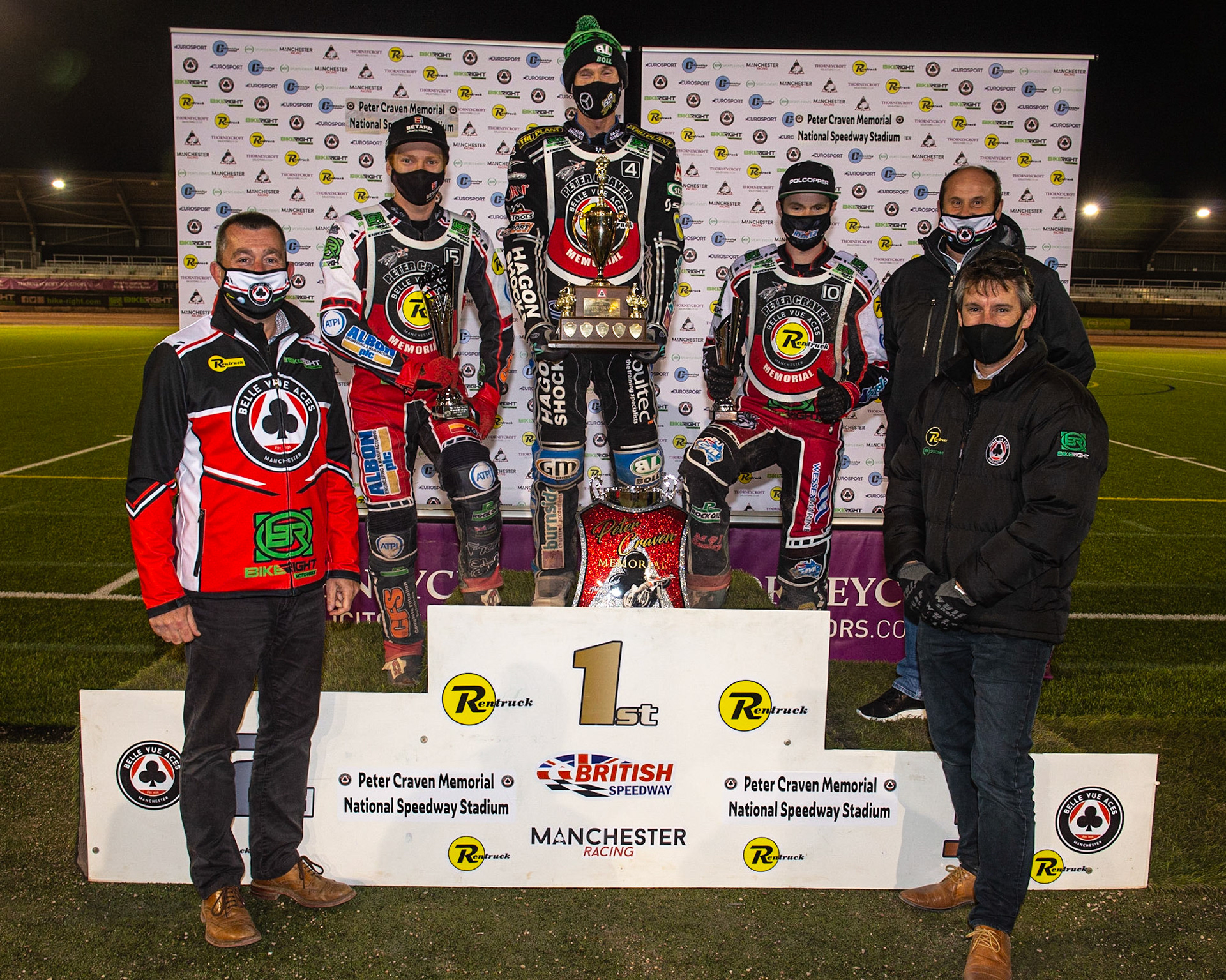 Photo: Ian Charles(l-r) Adrian Smith (Belle Vue CEO), Dan Bewley (2nd) Jason Doyle (Winner) Brady Kurtz (3rd), Richard Cotton (Rentruck) Mark Lemon (Director Of Speedway Belle Vue)Peter Craven Memorial Trophy, National Speedway Stadium, Manchester Thursday  22  October  2020