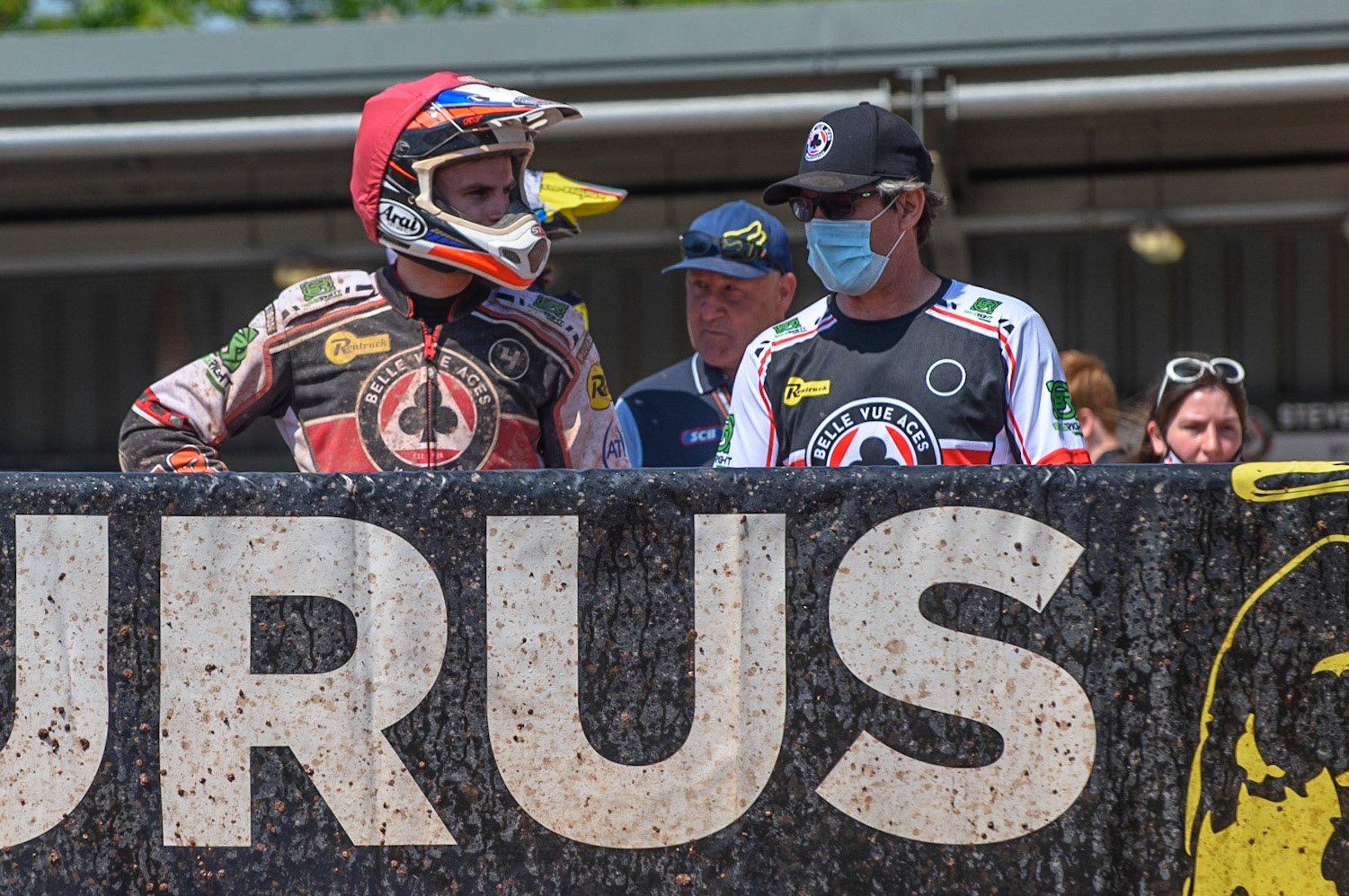 MANCHESTER, UK. MAY 31ST  Steve Worrall (left) and Belle Vue BikeRight Aces  manager Mark Lemon discuss the track during the SGB Premiership match between Belle Vue Aces and Peterborough at the National Speedway Stadium, Manchester on Monday 31st May 2021. (Credit: Ian Charles | MI News)