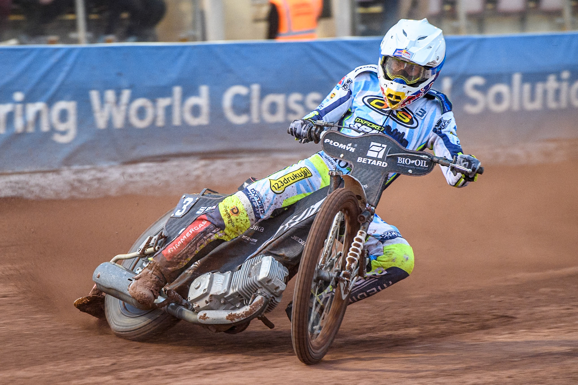 Oxford Spires' Maciej Janowski  in action during the Rowe Motor Oil Premiership match between Belle Vue Aces and Oxford Spires at the National Speedway Stadium, Manchester on Monday 22nd July 2024. (Photo: Ian Charles | MI News)