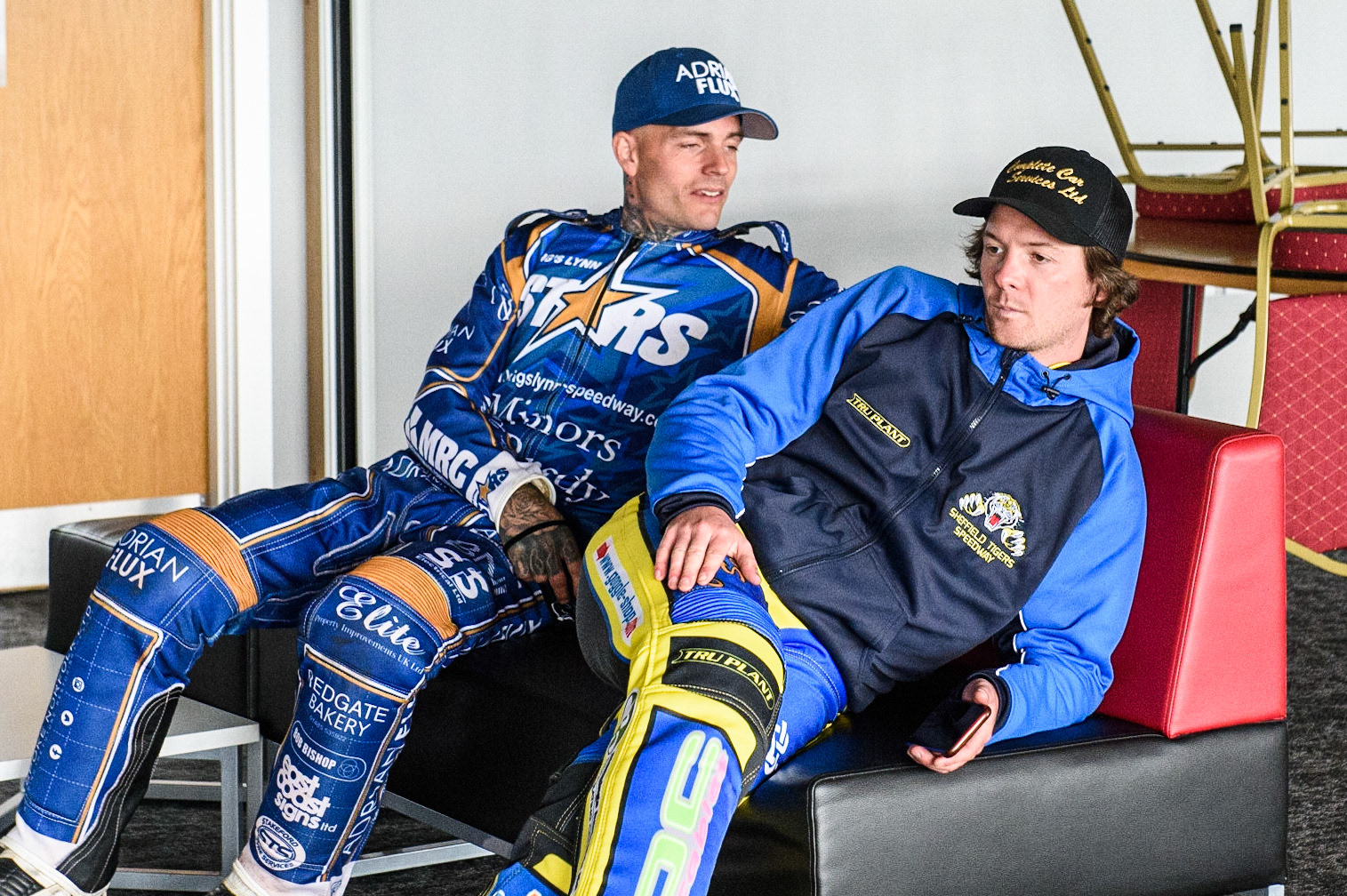 Photo: Ian CharlesLewis Kerr (l) and Kyle Howarth relax before their Zoom press conferenceDiscovery Networks Eurosport Speedway Season Launch, National Speedway Stadium, Manchester Wednesday  12  May  2021