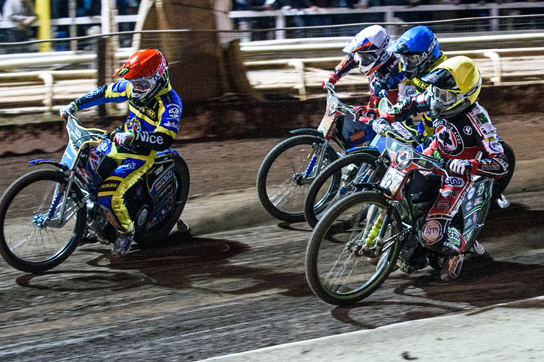 SHEFFIELD, UK. AUG 2NDCharles Wright  (Yellow) gets the inside line from Jack Holder  (Red) with Troy Batchelor  (Blue) and Steve Worrall (White) behind during the SGB Premiership match between Sheffield Tigers and Belle Vue Aces at Owlerton Stadium, Sheffield on Thursday 2nd September 2021. (Credit: Ian Charles | MI News)