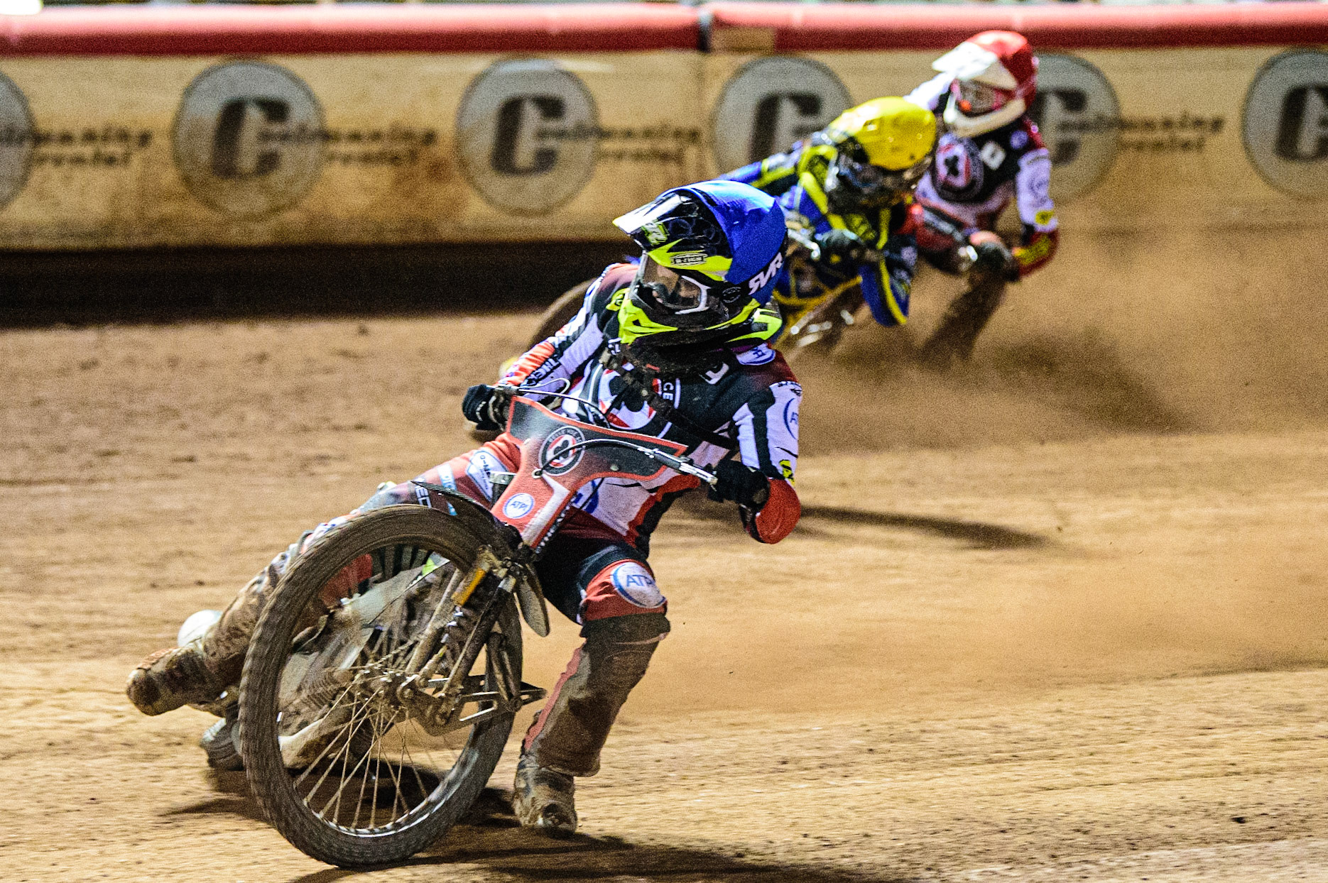 Tom Brennan  (Blue) leads Kyle Howarth  (Yellow) and Max Fricke  (Red) during the SGB Premiership match between Belle Vue Aces and Sheffield Tigers at the National Speedway Stadium, Manchester on Monday 5th September 2022. (Credit: Ian Charles | MI News)