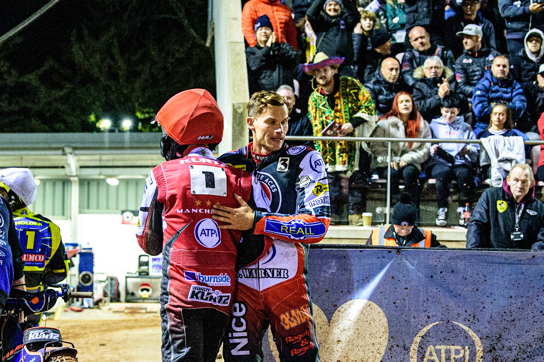 Matej Zagar  (right) congratulates Brady Kurtz  after the Aces take a 5-1 heat win during the SGB Premiership Grand Final 1st leg between Belle Vue Aces and Sheffield Tigers at the National Speedway Stadium, Manchester on Monday 10th October 2022. (Credit: Ian Charles | MI News)