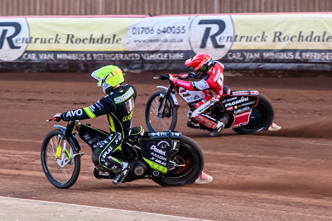 Ipswich Witches' Emil Saifutdinov  in Yellow rides inside Belle Vue Aces' Dan Bewley  in Red during the Rowe Motor Oil Premiership match between Belle Vue Aces and Ipswich Witches at the National Speedway Stadium, Manchester on Monday 30th June 2025. (Photo: Ian Charles | MI News)