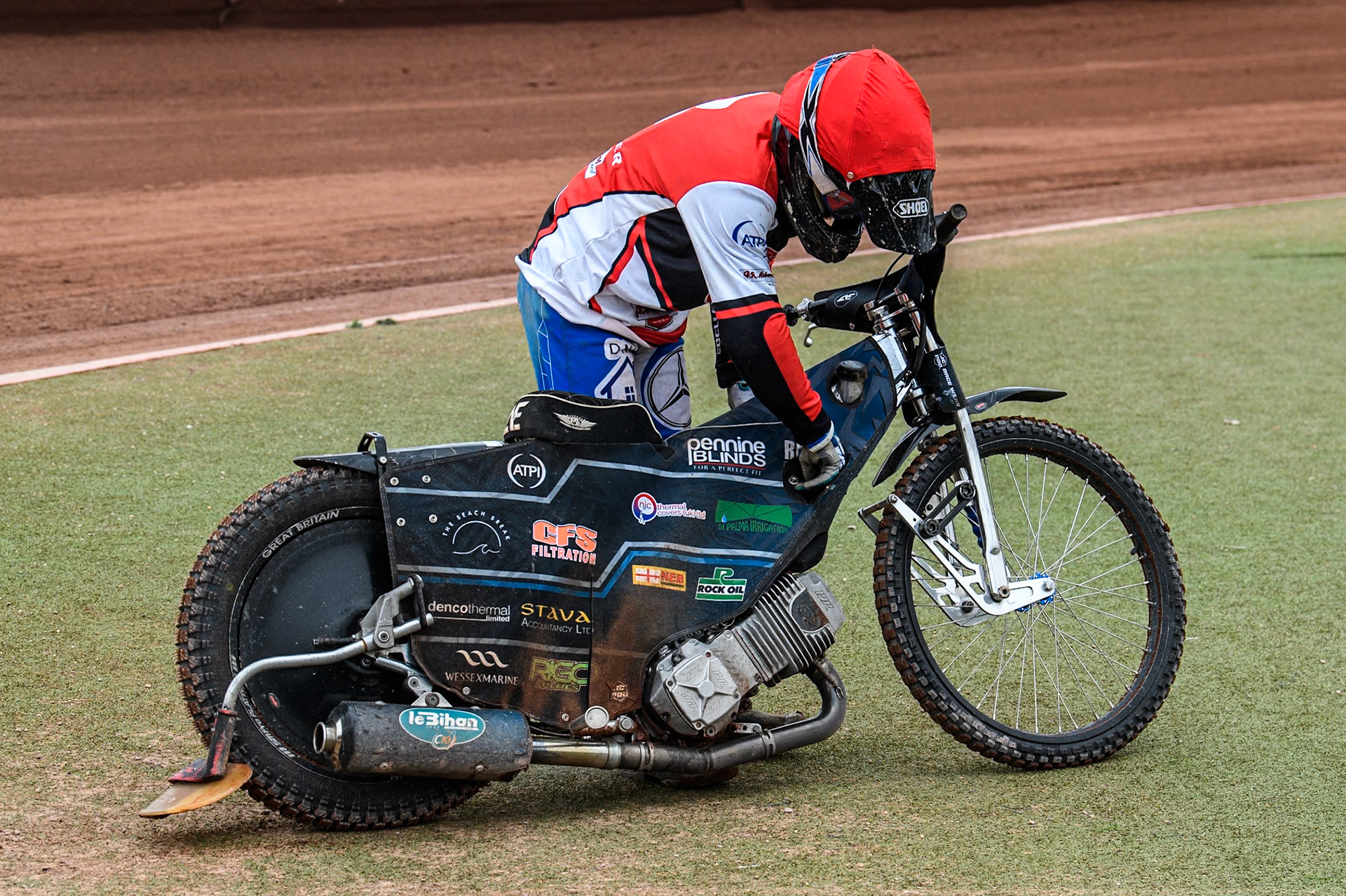 Belle Vue Colts' Jack Kingston  on the infield after his fall in Heat 9 during the WSRA National Development League match between Belle Vue Colts and Leicester Lion Cubs at the National Speedway Stadium, Manchester on Friday 18th April 2025. (Photo: Ian Charles | MI News)