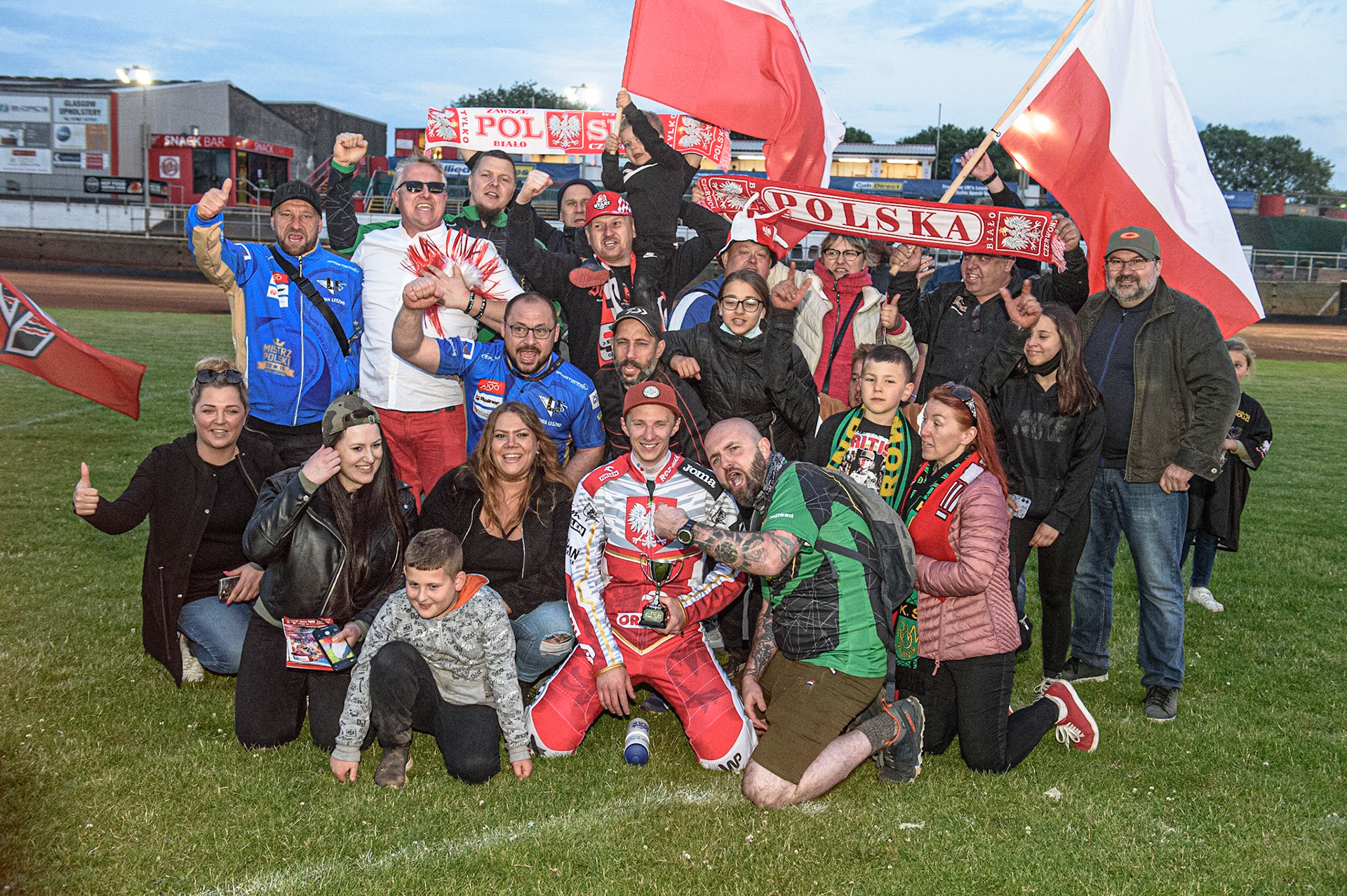 GLASGOW, UK. JUNE 19TH.  Tobias Musielak celebrates with the contingent of Polish fans in Glasgow during the FIM Speedway Grand Prix Qualifying Round at the Peugeot Ashfield Stadium, Glasgow on Saturday 19th June 2021. (Credit: Ian Charles | MI News)