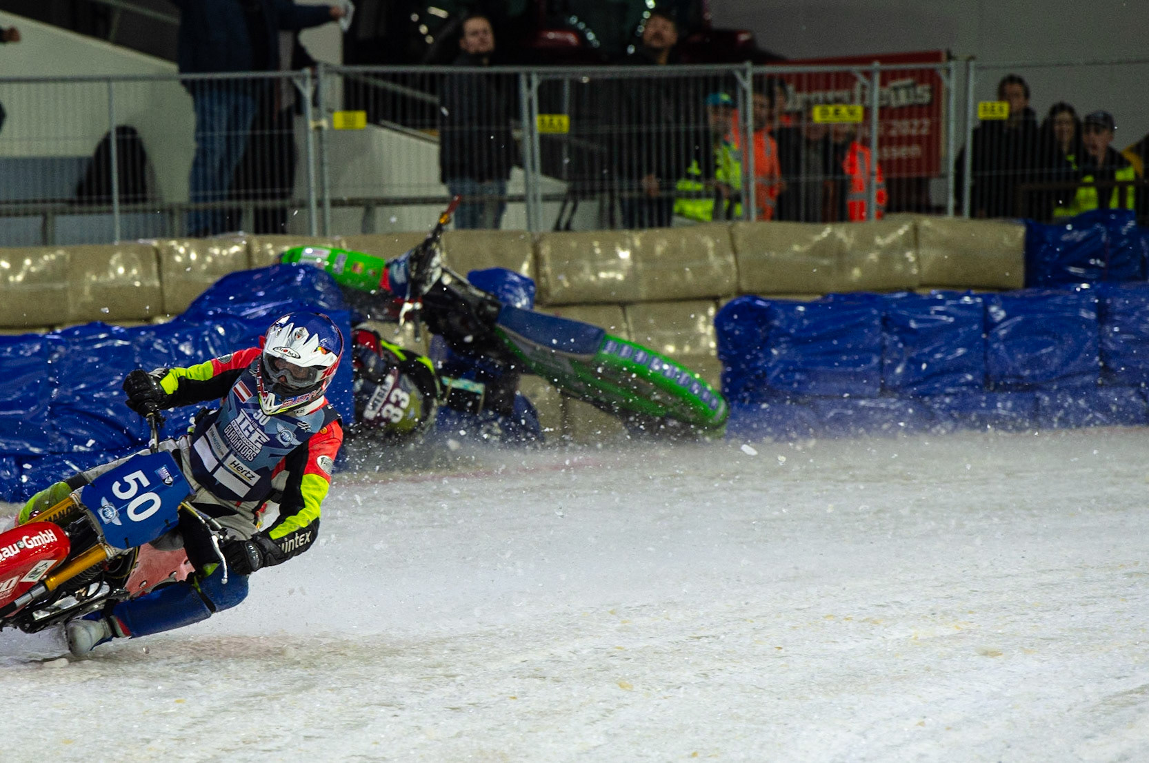 HEERENVEEN, NL.Johann Weber (33)  crashes out of Heat 6  during the FIM Ice Speedway Gladiators World Championship Final 3 at Ice Rink Thialf, Heerenveen on Saturday  2 April 2022. (Credit: Ian Charles | MI News)