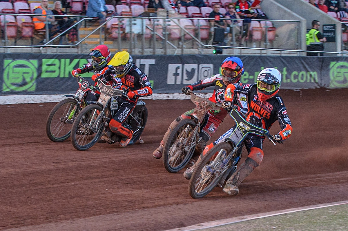 MANCHESTER, UK. JULY 15TH   Ryan Douglas  (White) inside Jye Etheridge  (Blue), Ryan Douglas (White) and Charles Wright  (Red) during the SGB Premiership match between Belle Vue Aces and Wolverhampton Wolves at the National Speedway Stadium, Manchester on Thursday 15th July 2021. (Credit: Ian Charles | MI News)