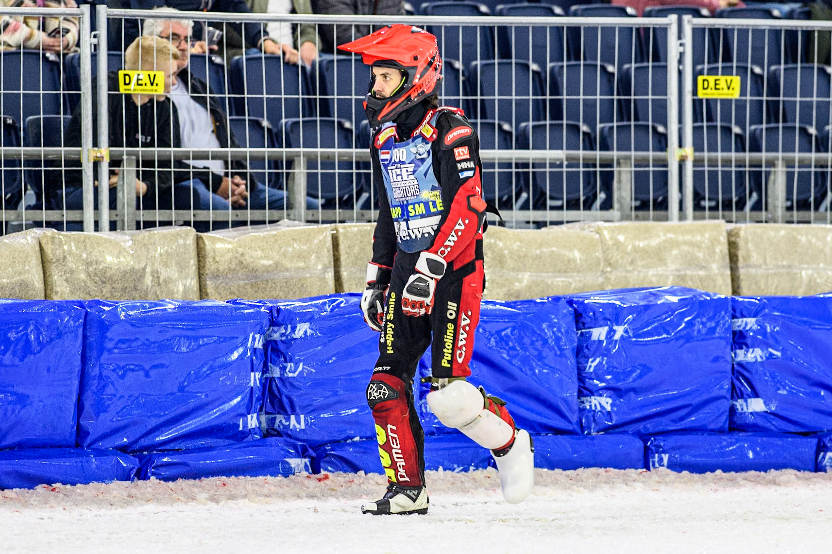 Netherlands' Jasper Iwema (800) walks back to the pits during the FIM Ice Speedway Gladiators World Championship Final 3 at Ice Rink Thialf, Heerenveen on Saturday 6th April 2024. (Photo: Ian Charles | MI News)