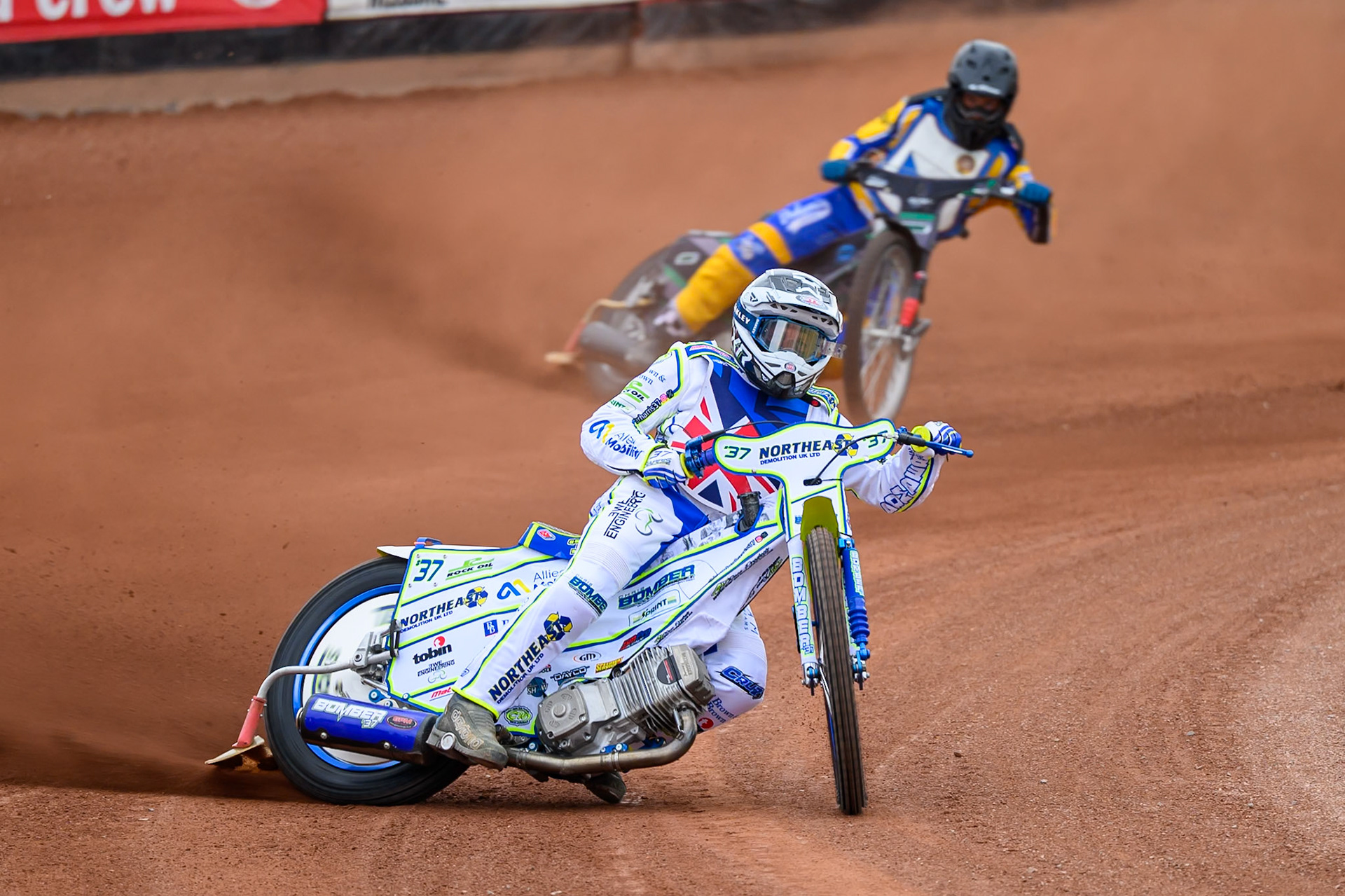 Chris Harris of Great Britain leading Daniel Klima of Czechia during practice for the Speedway GP Qualifying Round 3 at Allied Ashfield Stadium, Glasgow on Saturday 30th May 2026. (Photo: Ian Charles | MI News)