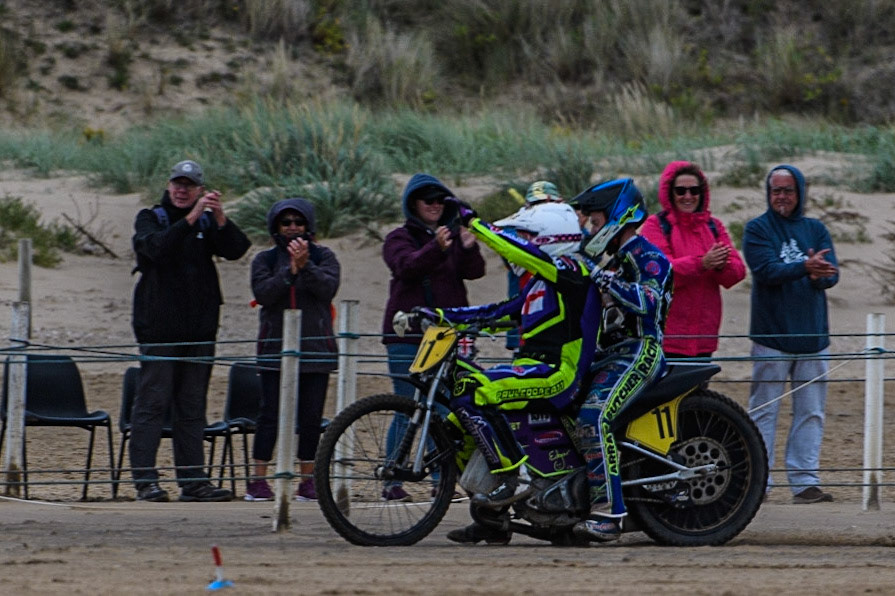 Paul Cooper (11) waves to the crowd on his lap of honour during the Fylde ACU British Sand Racing Masters Championship at  St Annes on Sea, Lancashire on Sunday 30th July 2023. (Photo: Ian Charles | MI News)
