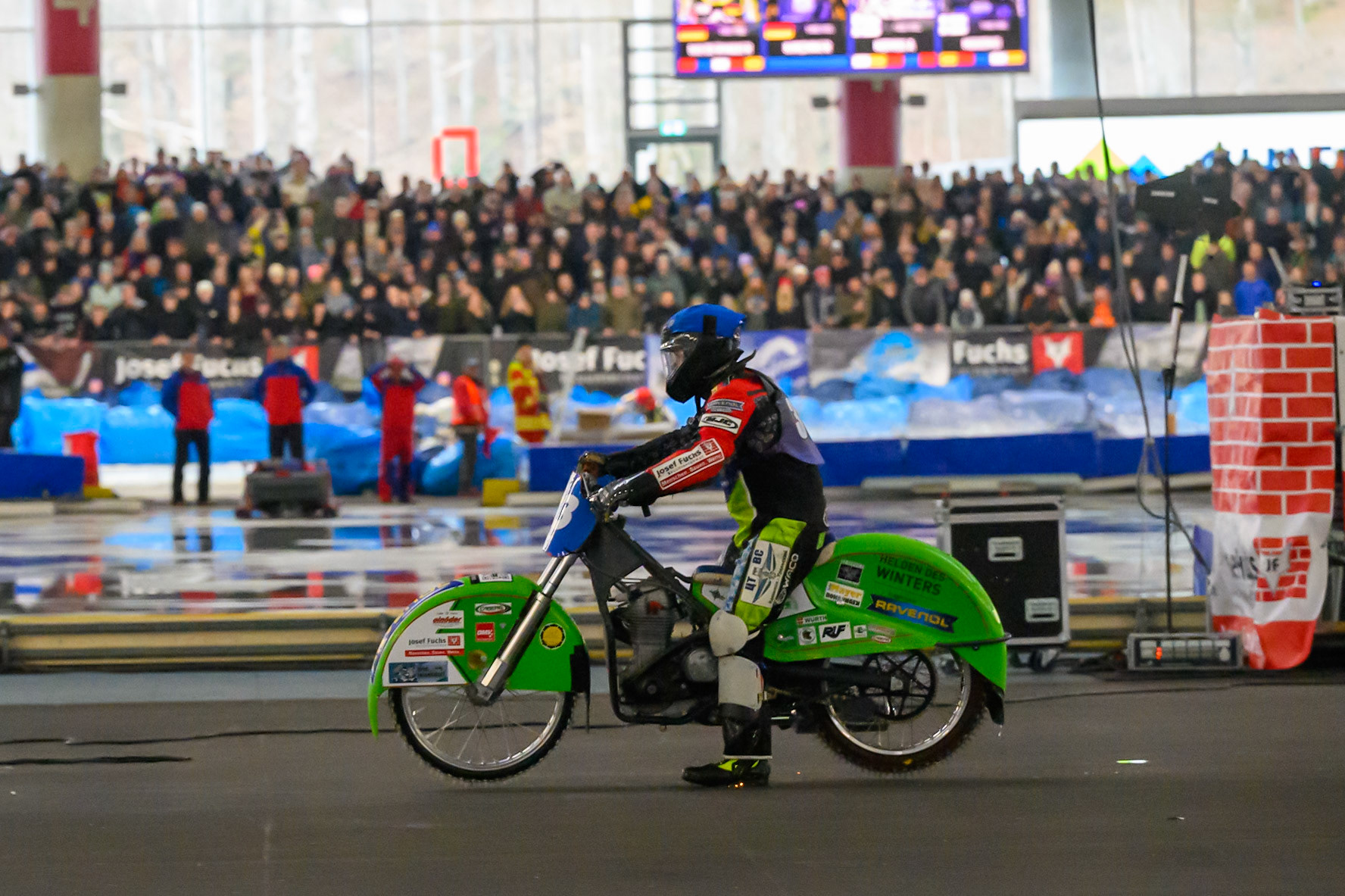 Johann Weber (33) of Germany on the centre of the track after he lost control and rode onto the infield during the Ice Speedway Gladiators World Championship Final 2 at Max-Aicher-Arena, Inzell on Sunday 15th March 2026. (Photo: Ian Charles | MI News)
