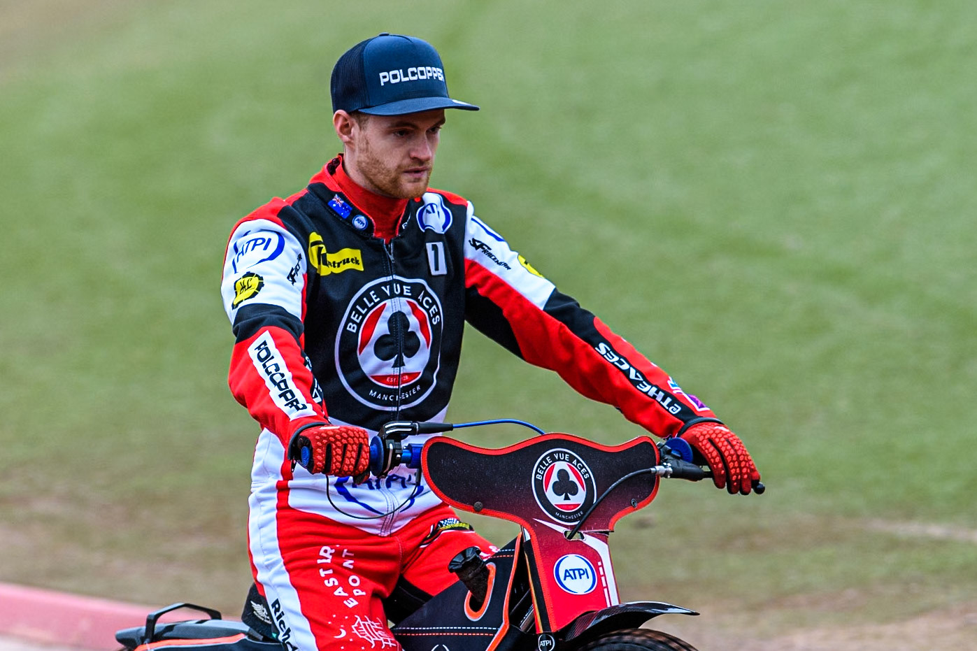 Belle Vue Aces' Brady Kurtz on the parade lap during the Rowe Motor Oil Premiership match between Belle Vue Aces and Oxford Spires at the National Speedway Stadium, Manchester on Monday 22nd July 2024. (Photo: Ian Charles | MI News)