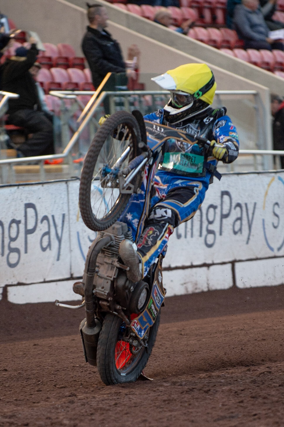 Photo by Ian Charles

Brady Kurtz  celebrates Poole Pirates win with a wheelie

Belle Vue Aces v Poole Pirates, British Speedway Premiership, Belle Vue National Speedway Stadium, Manchester, Monday 1  July  2019