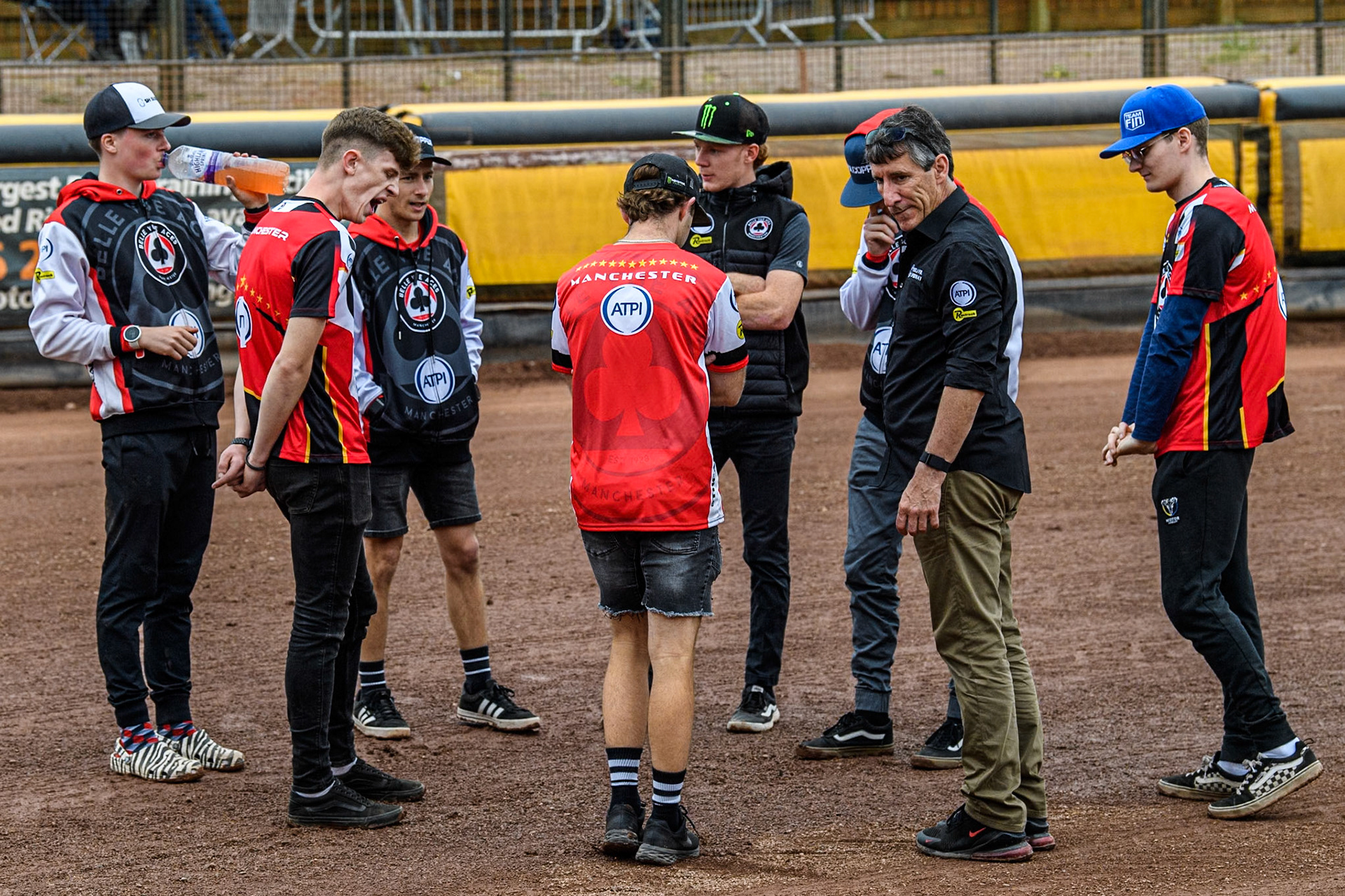 Belle Vue ATPI Aces on their pre meeting track walk during the Rowe Motor Oil Premiership match between Leicester Lions and Belle Vue Aces at the Pidcock Motorcycles Arena, Leicester on Thursday 25th July 2024. (Photo: Ian Charles | MI News)
