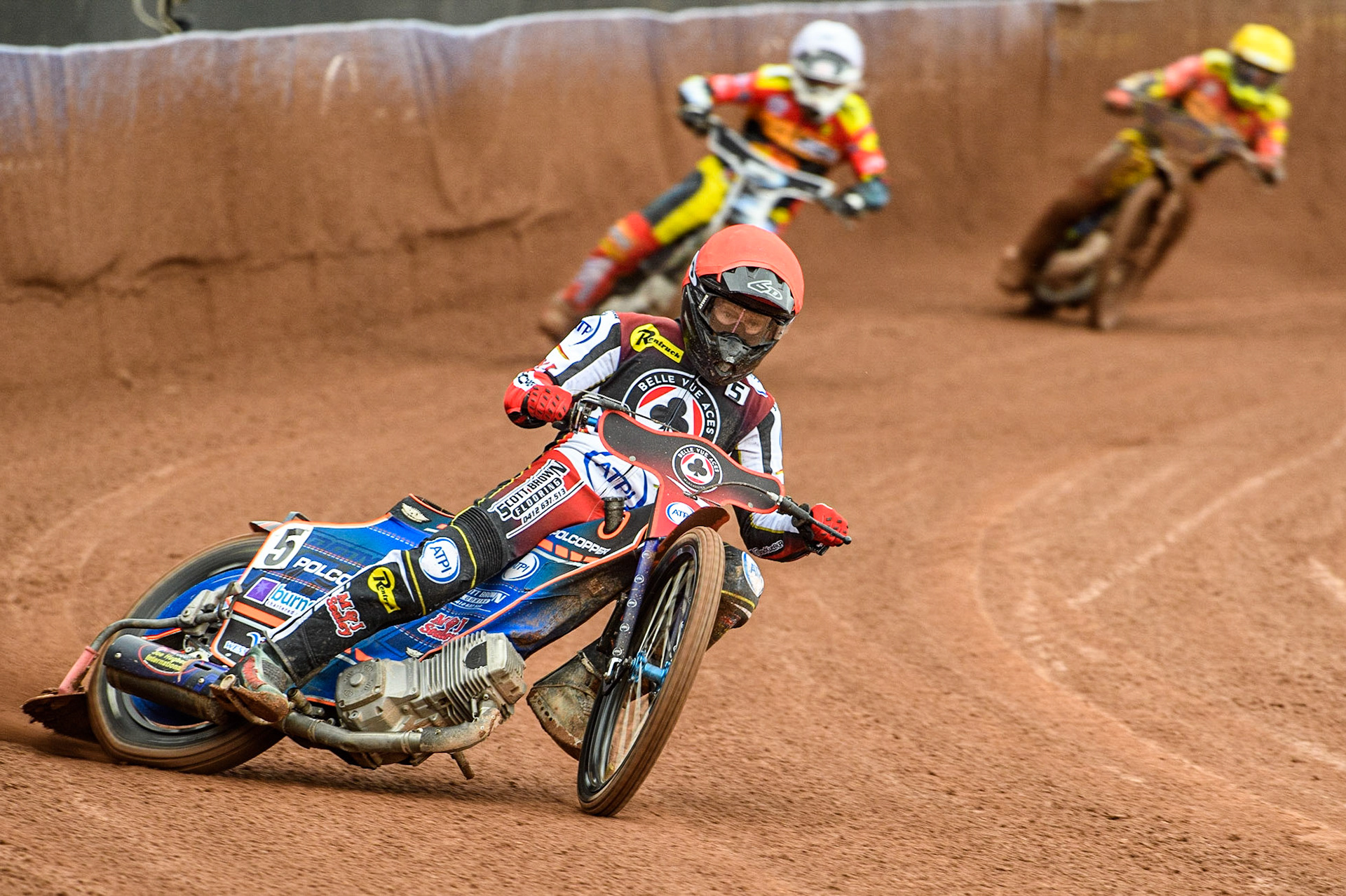 Brady Kurtz  (Red) leads Richard Lawson  (White) and Chris Harris  (Yellow) during the SGB Premiership match between Belle Vue Aces and Leicester Lions at the National Speedway Stadium, Manchester on Monday 1st May 2023. (Photo: Ian Charles | MI News)
