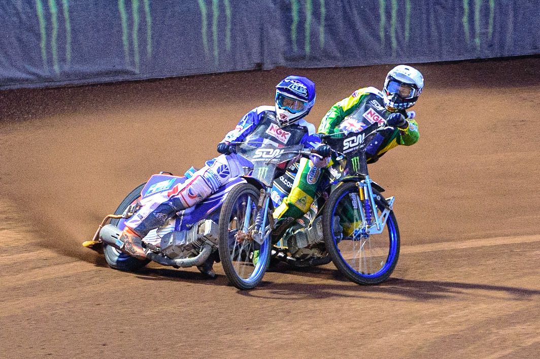 MANCHESTER, UK. OCT 16TH Jason Doyle of Australia (White) locks up behind Dmitri Berge of France (Blue) during the Monster Energy FIM Speedway of Nations at the National Speedway Stadium, Manchester on Saturday  16th October 2021. (Credit: Ian Charles | MI News)