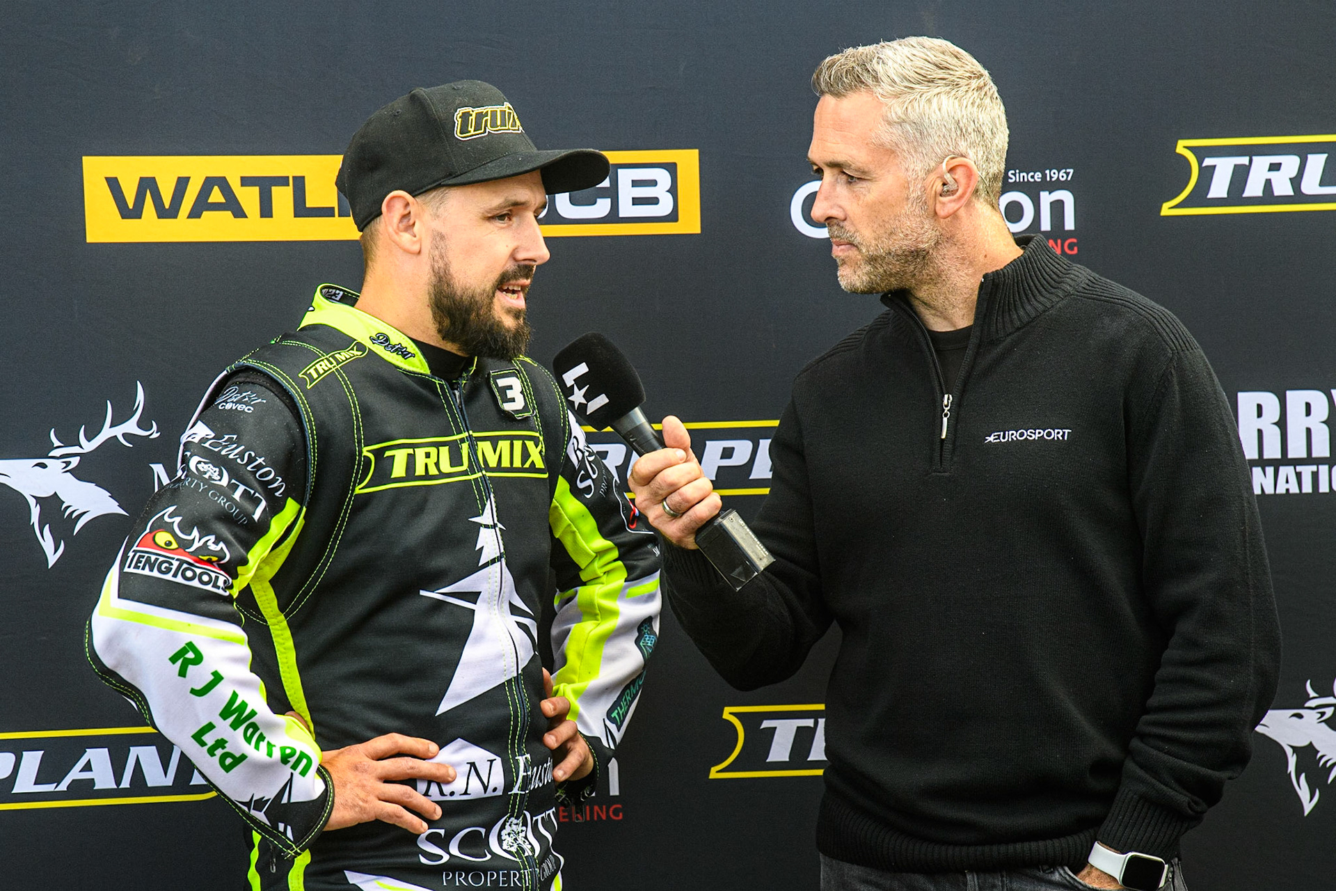 Danny King (left) is interviewed by Scott Nicholls during the Sports Insure Premiership match between Belle Vue Aces and Ipswich Witches at the National Speedway Stadium, Manchester on Monday 17th July 2023. (Photo: Ian Charles | MI News)