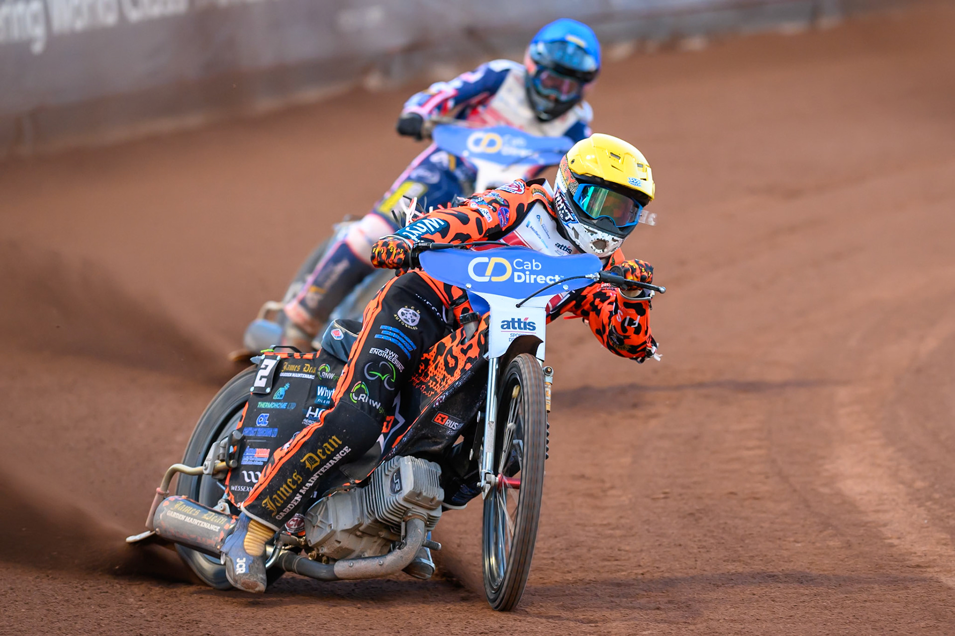 Cooper Rushen (2) in Yellow leading Adam Ellis (5) in Blue during the Cab Direct British Speedway Championship Final at the National Speedway Stadium, Manchester on Saturday 15th August 2026. (Photo: Ian Charles | MI News)