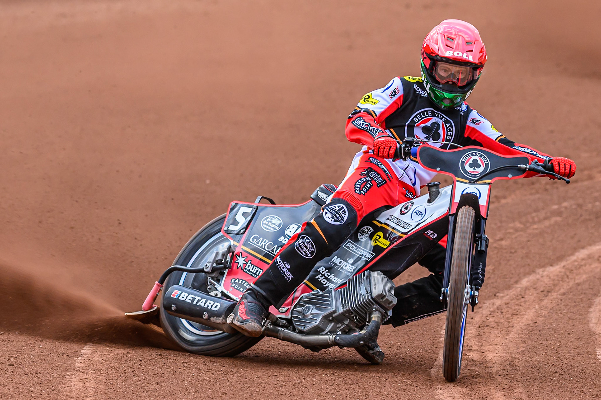 Belle Vue Aces' Brady Kurtz in action during the Rowe Motor Oil Premiership match between Belle Vue Aces and King's Lynn Stars at the National Speedway Stadium, Manchester on Monday 23rd June 2025. (Photo: Ian Charles | MI News)