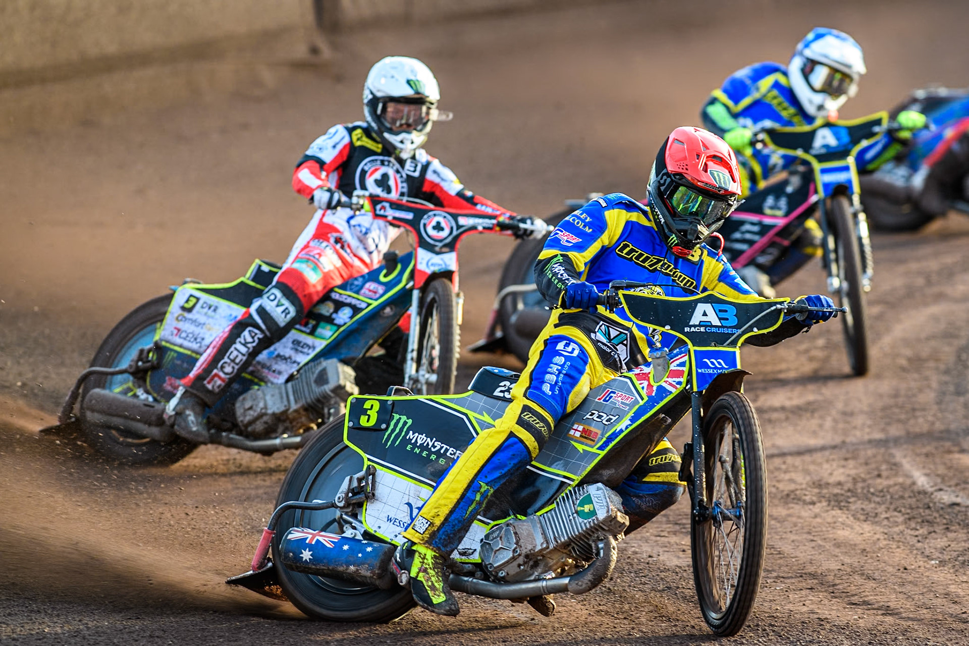 Sheffield Tigers' Chris Holder  in Red leading Belle Vue Aces' Jaimon Lidsey  in White and Sheffield Tigers' Josh Pickering  in Blue during the Premiership KO Cup Quarter Final, 2nd Leg match between Sheffield Tigers and Belle Vue Aces at Owlerton Stadium, Sheffield on Thursday 9th May 2024. (Photo: Ian Charles | MI News)