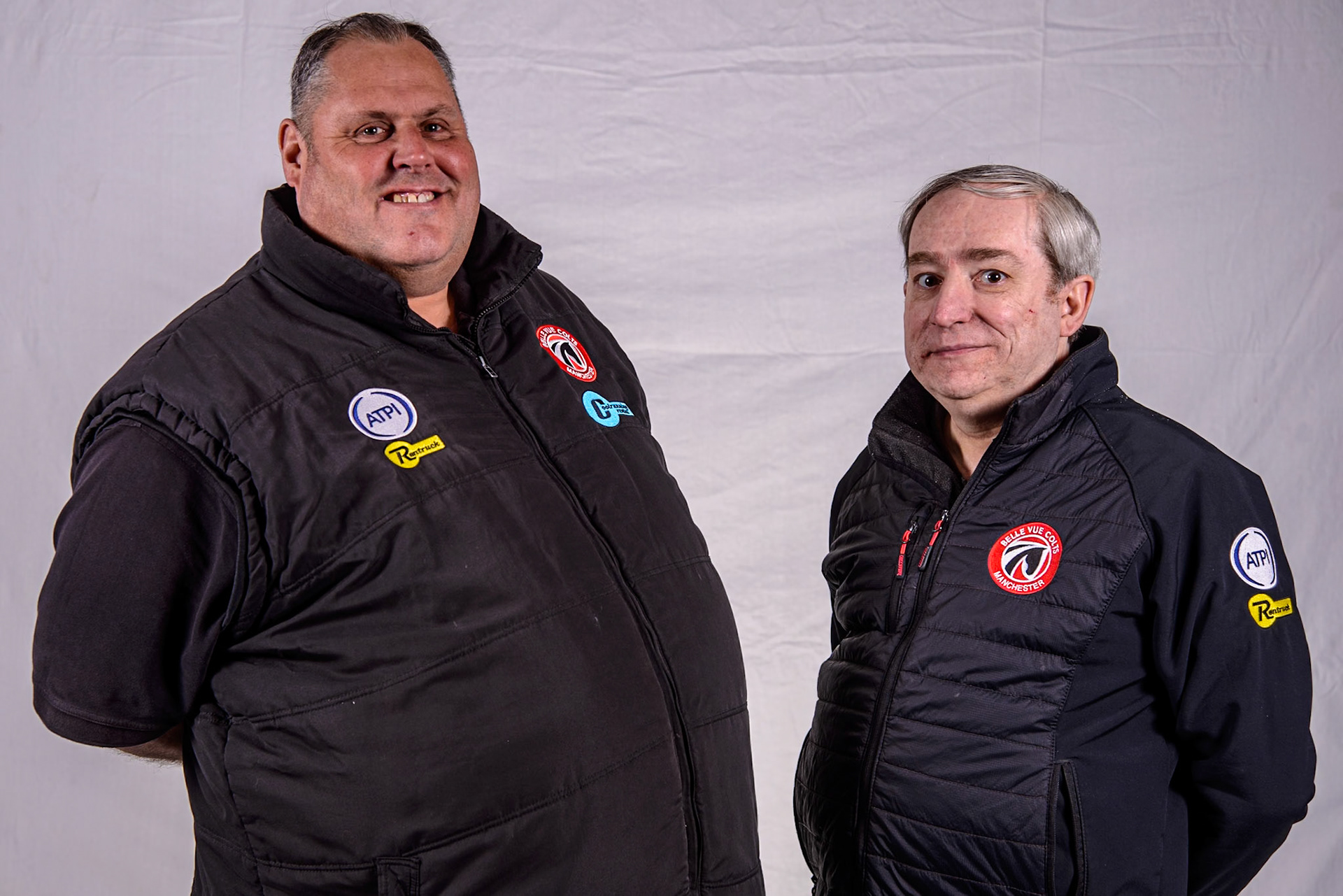 Steve Williams (Left) and Graham Goodwin, Belle Vue Colts Joint Team Managers during the Belle Vue Aces Media Day at the National Speedway Stadium, Manchester on Wednesday 12th March 2025. (Photo: Ian Charles | MI News)