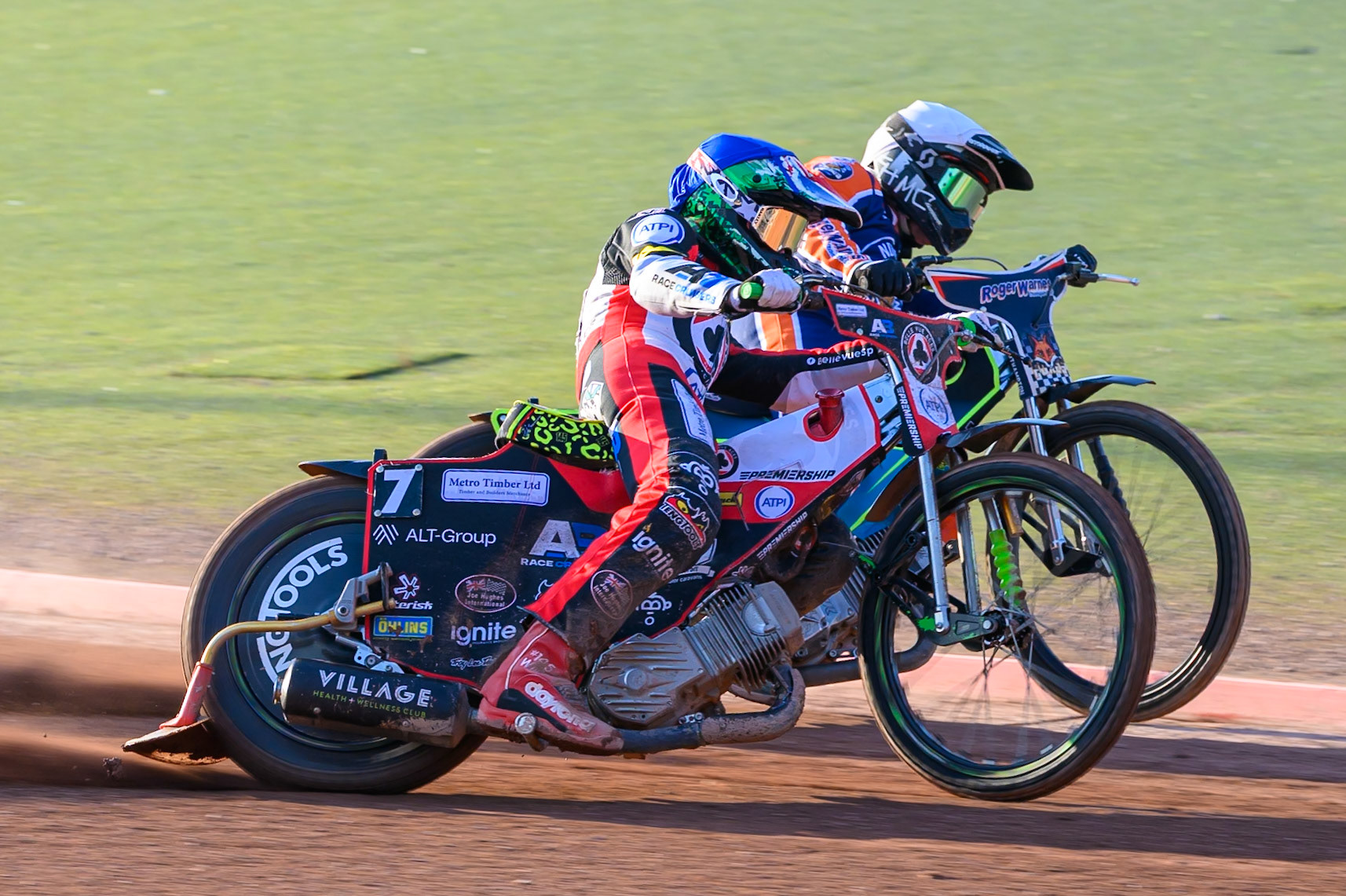 William Cairns of Belle Vue Aces in Blue rides outside Troy Batchelor of Northampton Foxes  in White during the Rowe Motor Oil Premiership match between Belle Vue Aces and Northampton Foxes at the National Speedway Stadium, Manchester on Monday 13th July 2026. (Photo: Ian Charles | MI News)