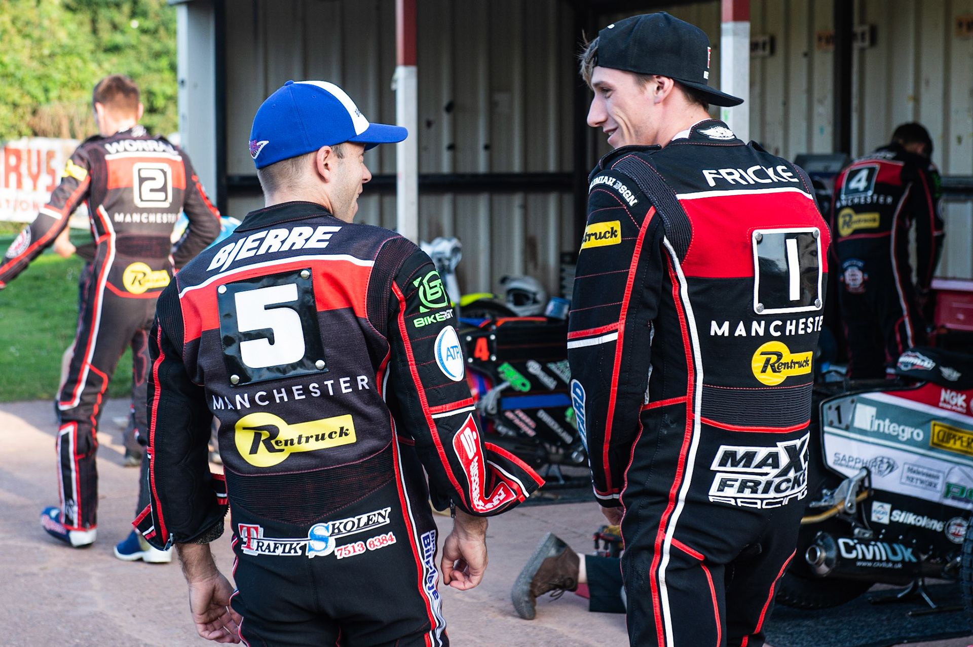 Photo by Ian Charles:

Max Fricke  (right) and Kenneth Bjerre  

Wolverhampton Wolves v Belle Vue Aces, British Speedway Premiership 5 August 2019