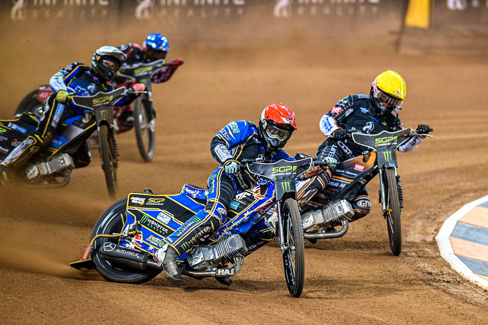 Jack Holder (25) (Red) leads  Kim Nilsson (233) (Yellow) Jason Doyle (69) (White) and Max Fricke (46) (Blue) during the FIM Speedway Grand Prix of Great Britain at the Principality Stadium, Cardiff on Saturday 2nd September 2023. (Photo: Ian Charles | MI News)